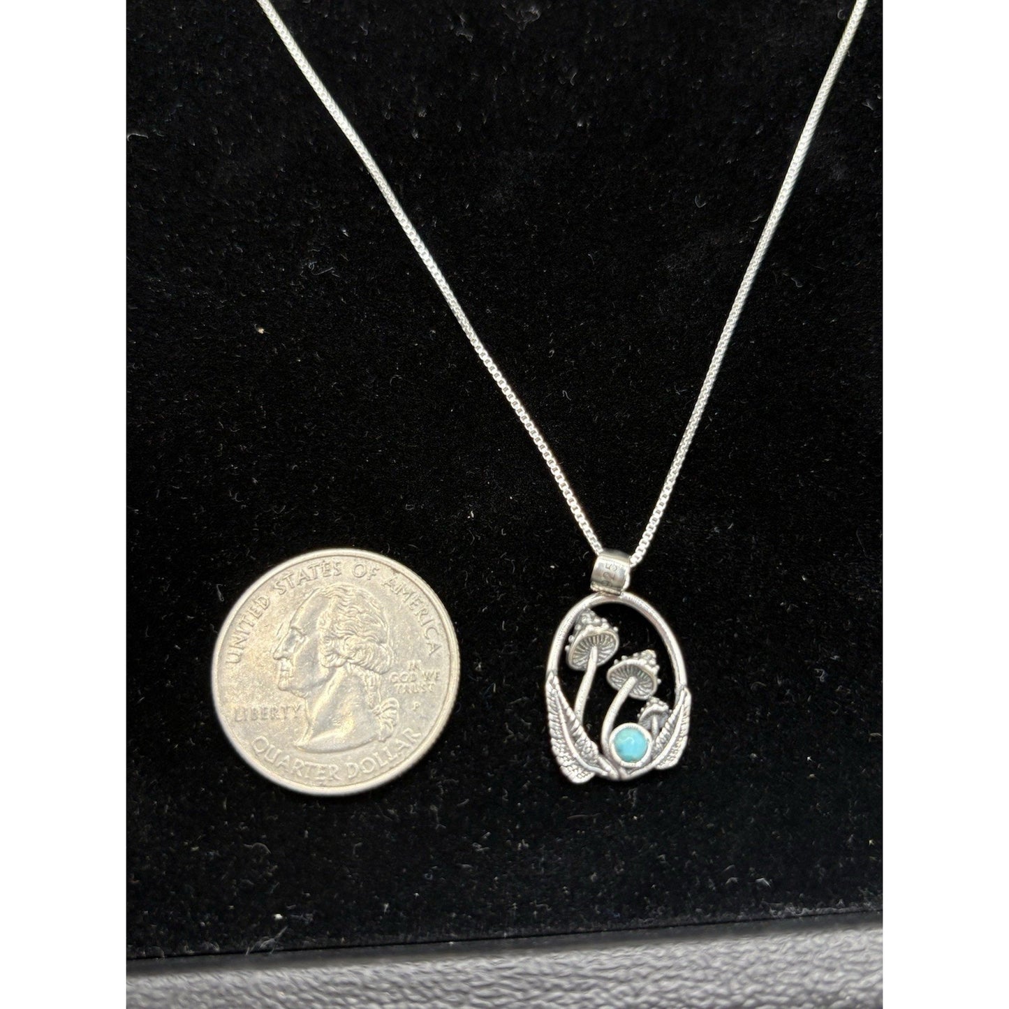 New Condition Sterling Silver Turquoise Mushrooms Pendant Necklace 18"