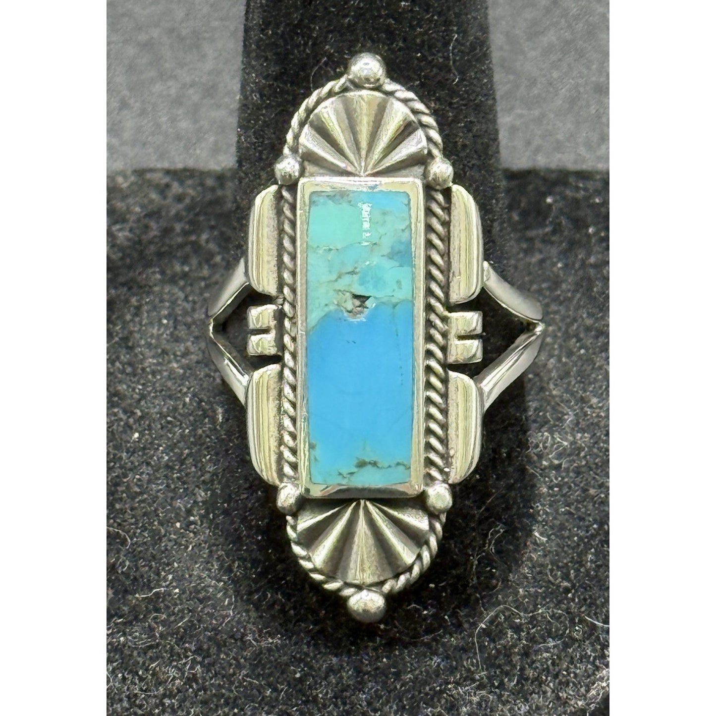 New Condition Sterling Silver Turquoise Art Deco Long Ring Size 8 925