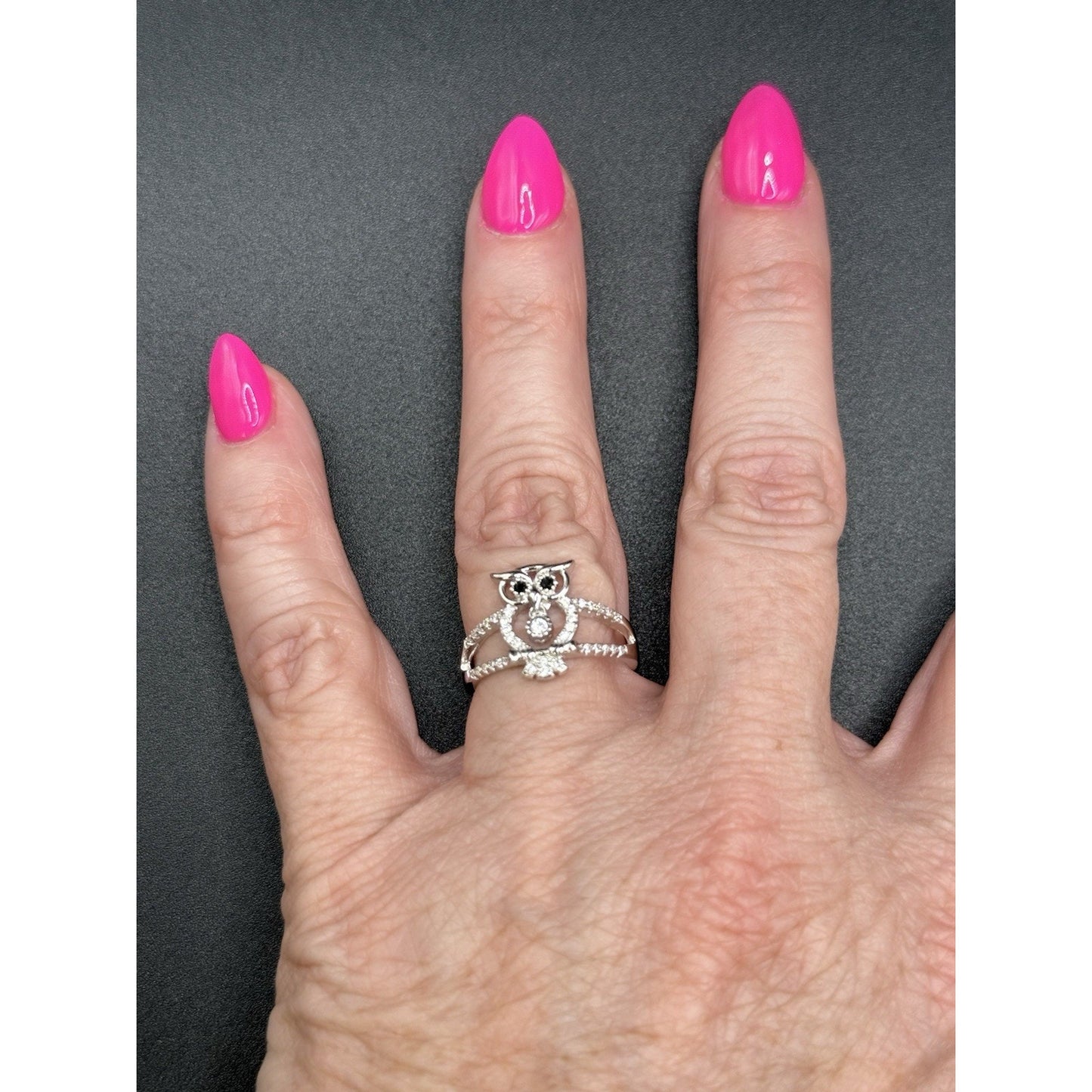 New Condition Sterling Silver Cubic Zirconia Owl Ring Size 7.00