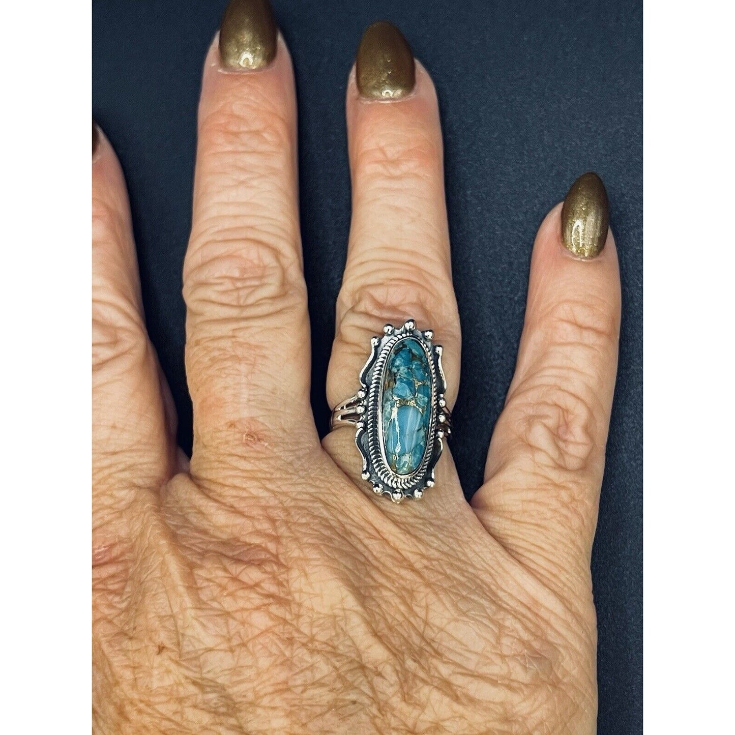New Condition Sterling Silver Copper Turquoise Ring Size 7.00