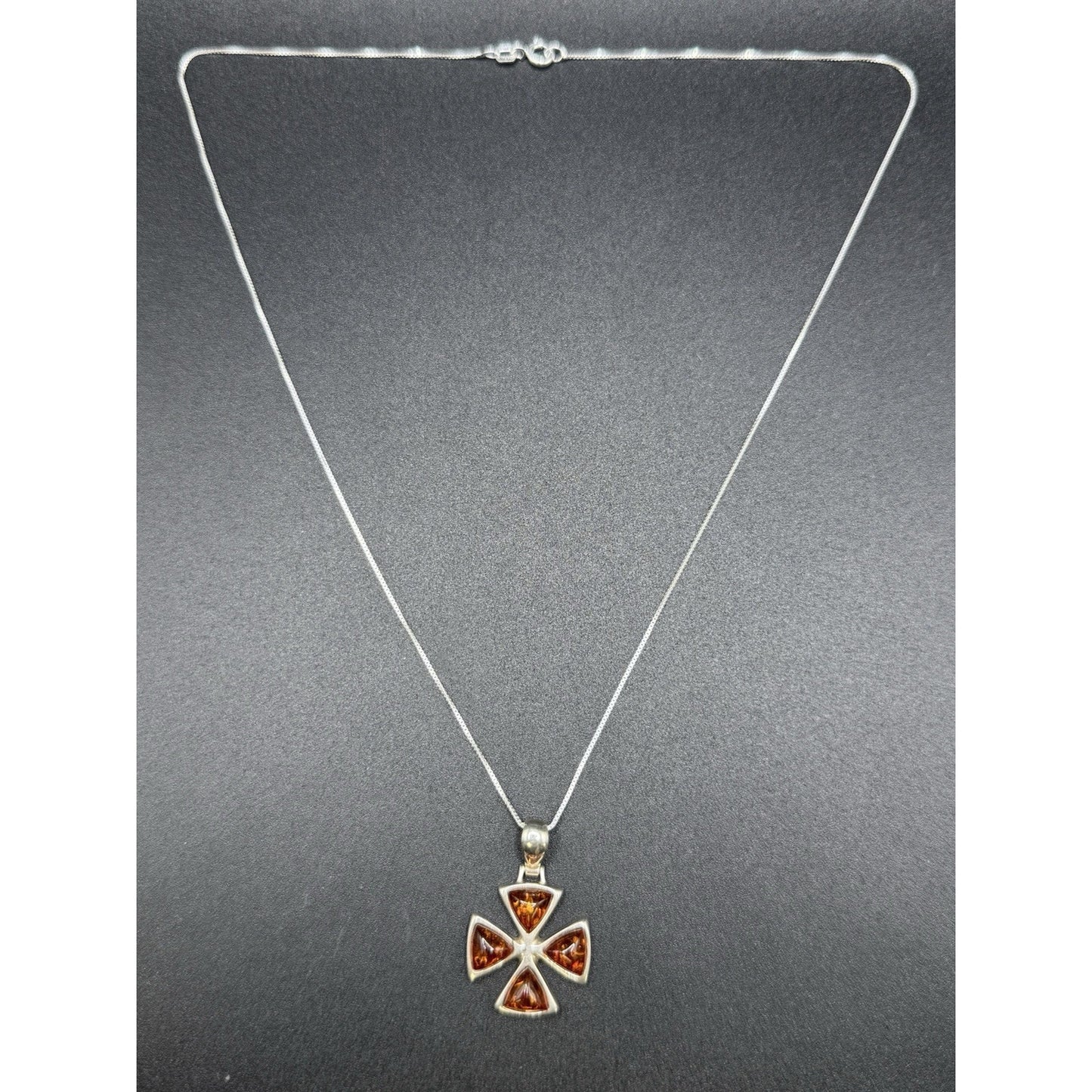 18” Sterling Silver Genuine Amber Cross Pendant Necklace P3