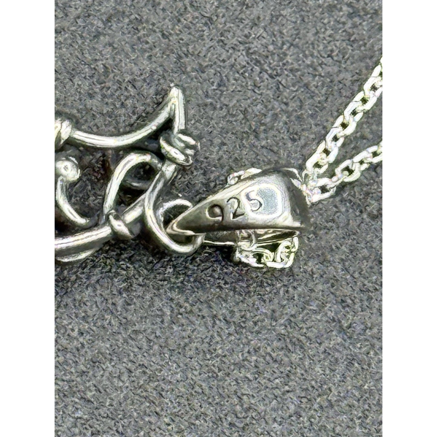 18” New Condition Sterling Silver Lab Blue Opal Artisan Crescent Moon Pendant