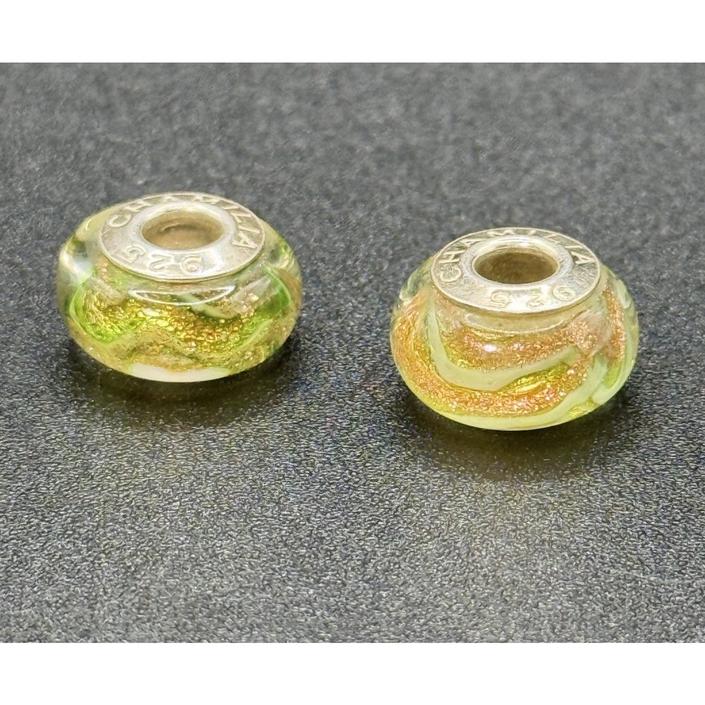 (2) Chamilia Sterling Silver Shimmering Swirl Murano Glass Charm P19