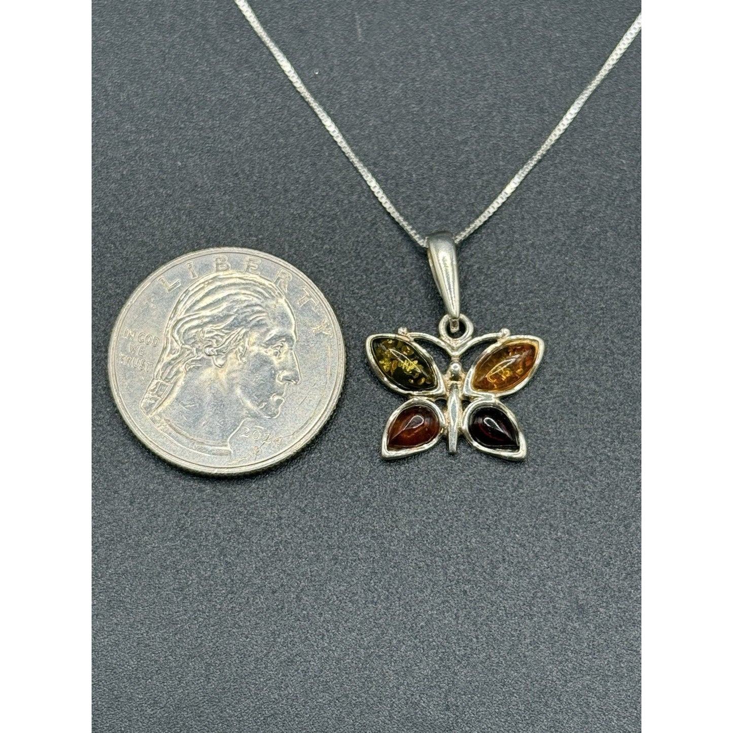 18” Sterling Silver Genuine Multi Color Amber Butterfly Pendant Necklace P3