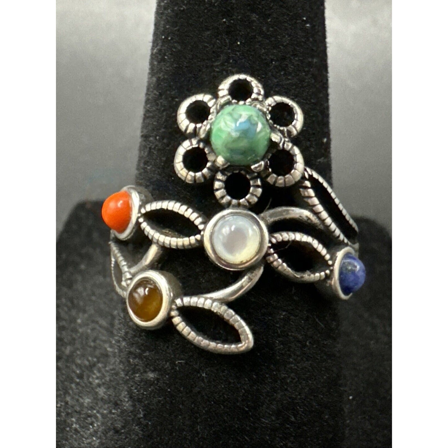 New Condition Sterling Silver Multi Gemstone Flower Vine Ring 925 Size 7