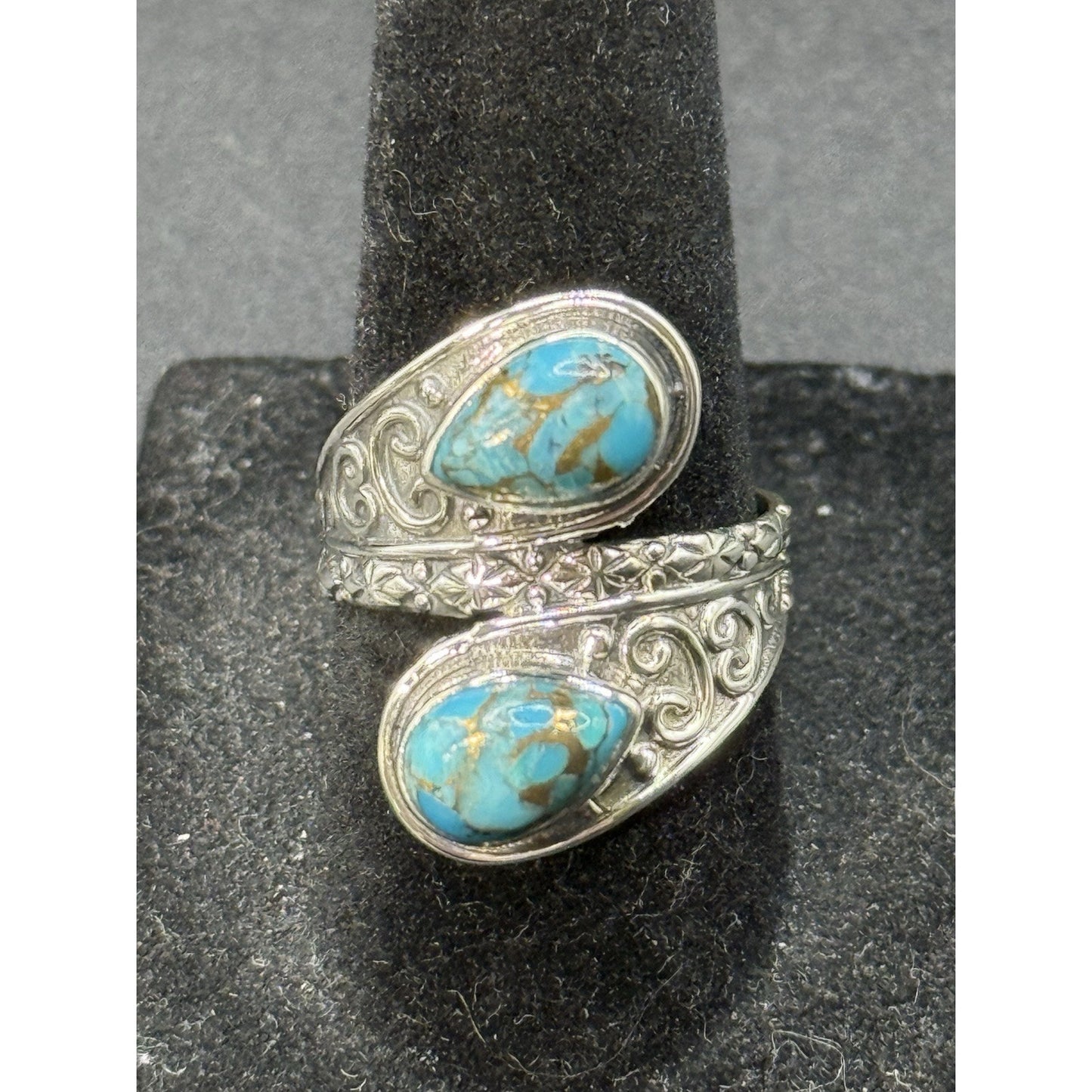 New Condition Sterling Silver Bypass Copper Turquoise Ring Size 7.00