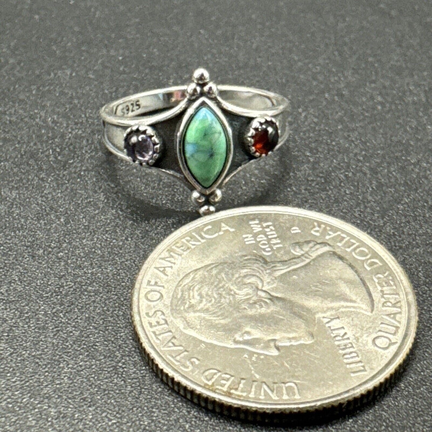 New Condition Sterling Silver Turquoise Garnet Amethyst Ring 925 Size 7