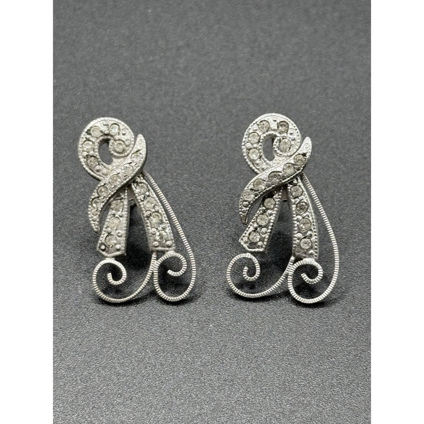 Antique Sterling Silver Rhinestone Dangle Earrings Screw Backs N13