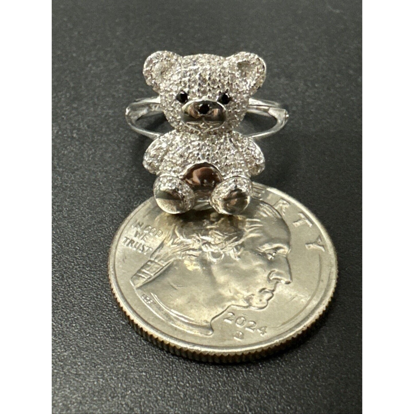 New Condition Sterling Silver CZ Encrusted Teddy Bear Ring 925 Size 7
