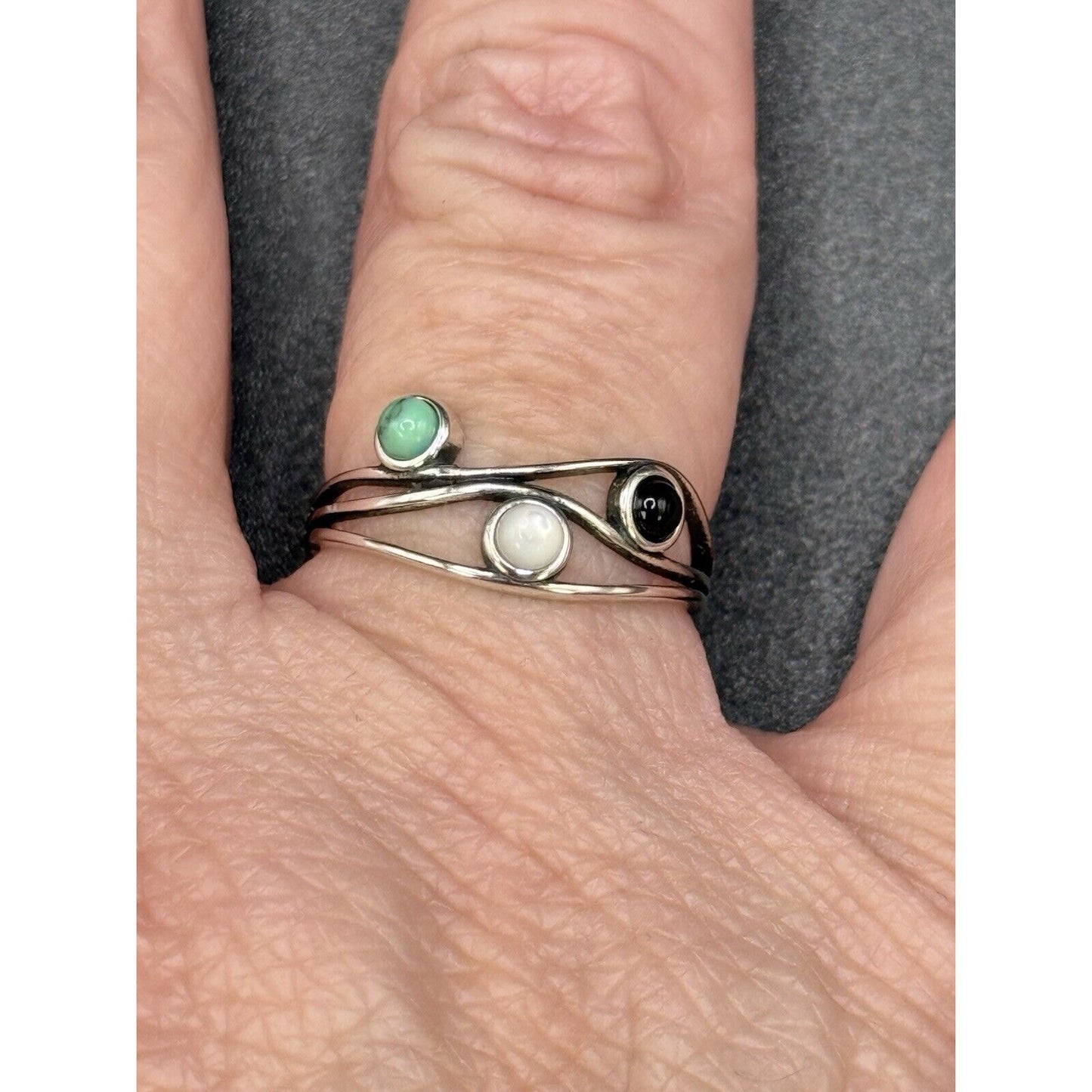 New Condition Sterling Silver Multi Gemstone Ring Size 6.75 Turquoise Onyx