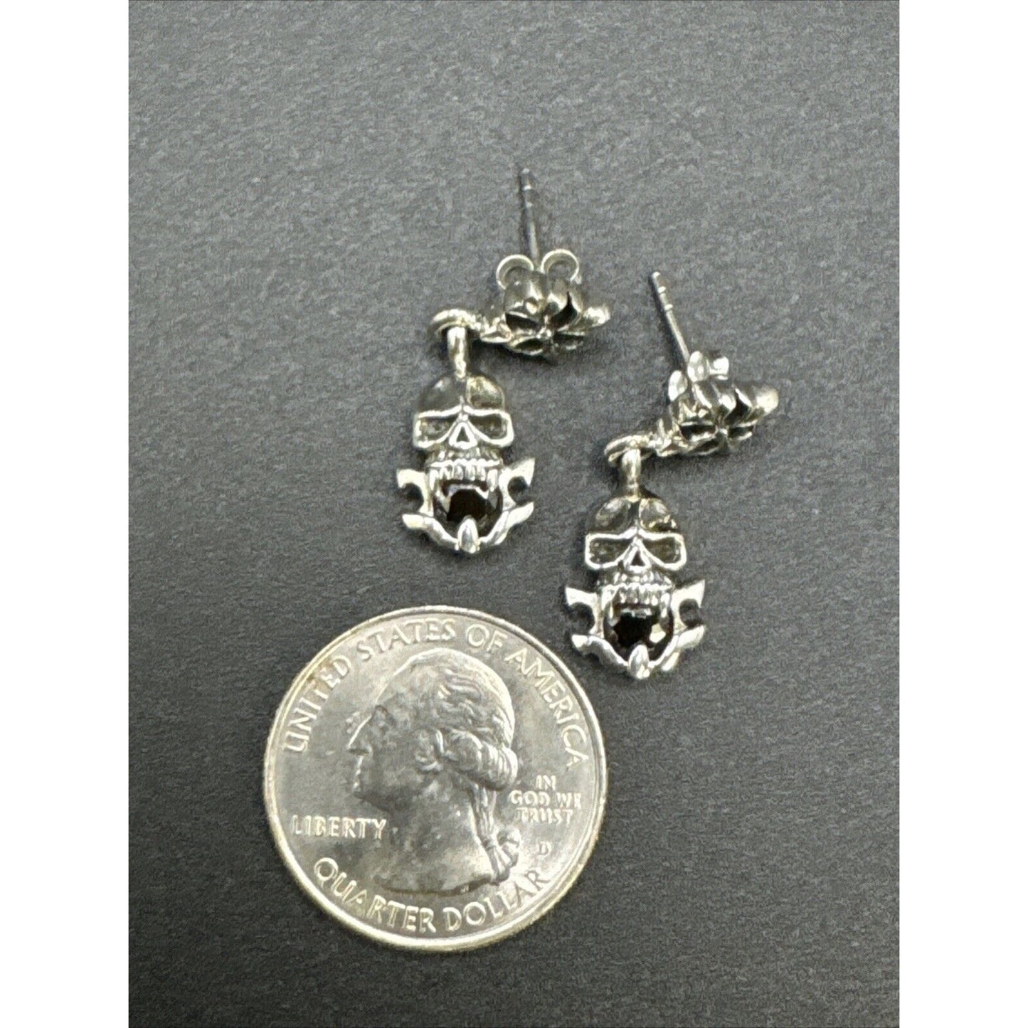 New Condition Sterling Silver Skull Earrings Black CZ Goth