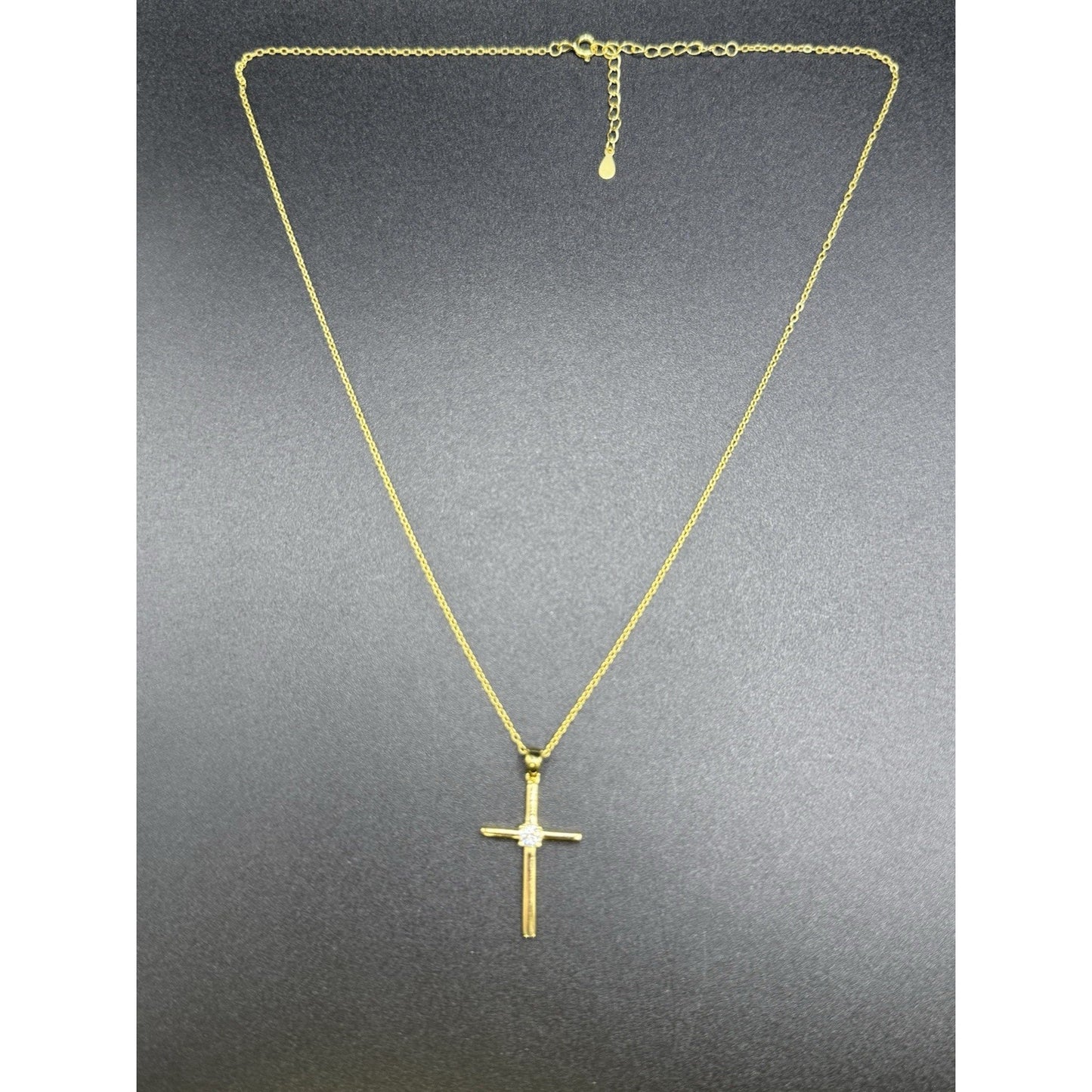 18” New Condition Gold Sterling Silver Moissanite Cross Pendant Necklace GRA