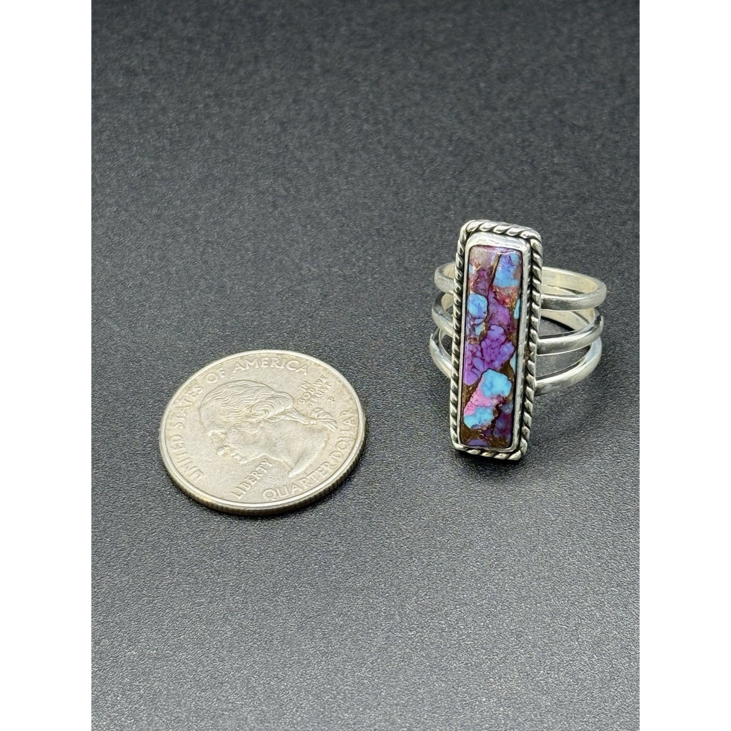 New Condition Sterling Silver Copper Purple Turquoise Oblong Ring Size 7.00