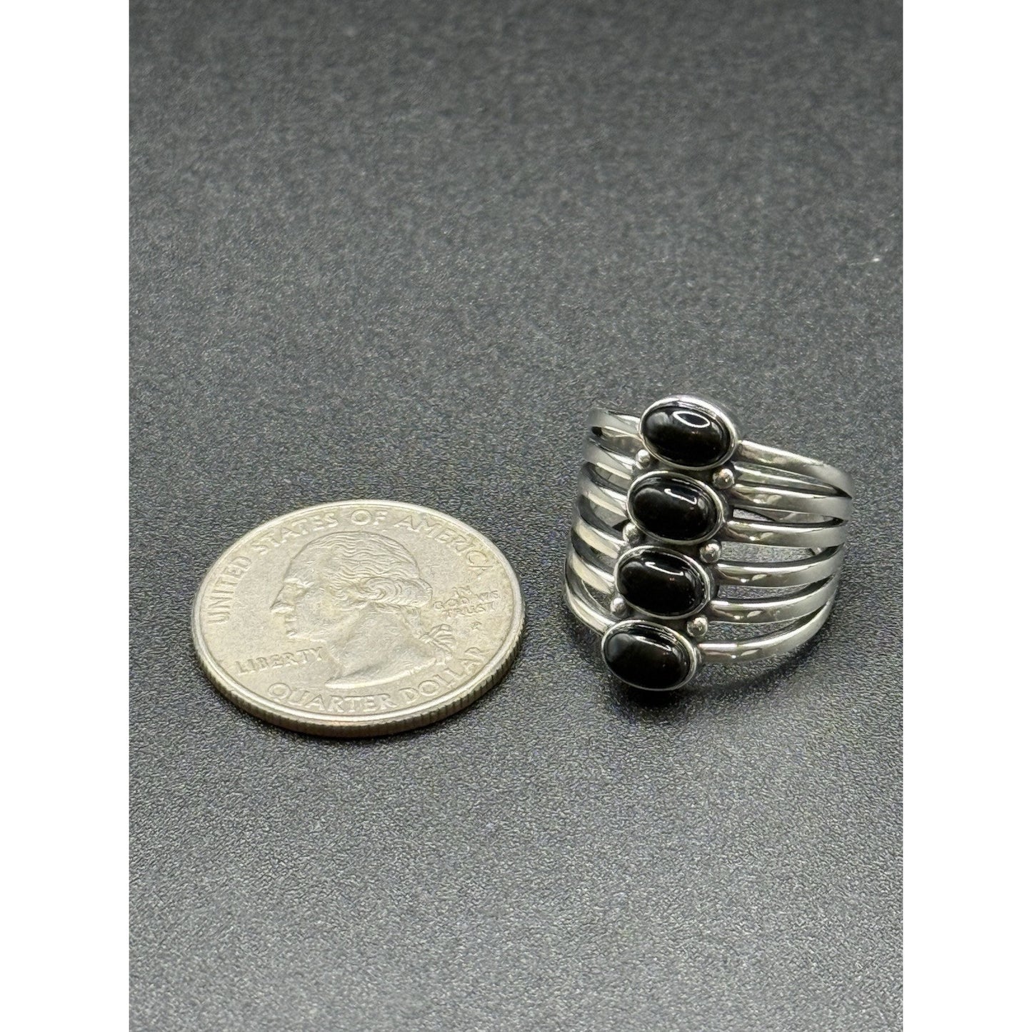 New Condition Sterling Silver 4-Stone Onyx Ring Size 6.75