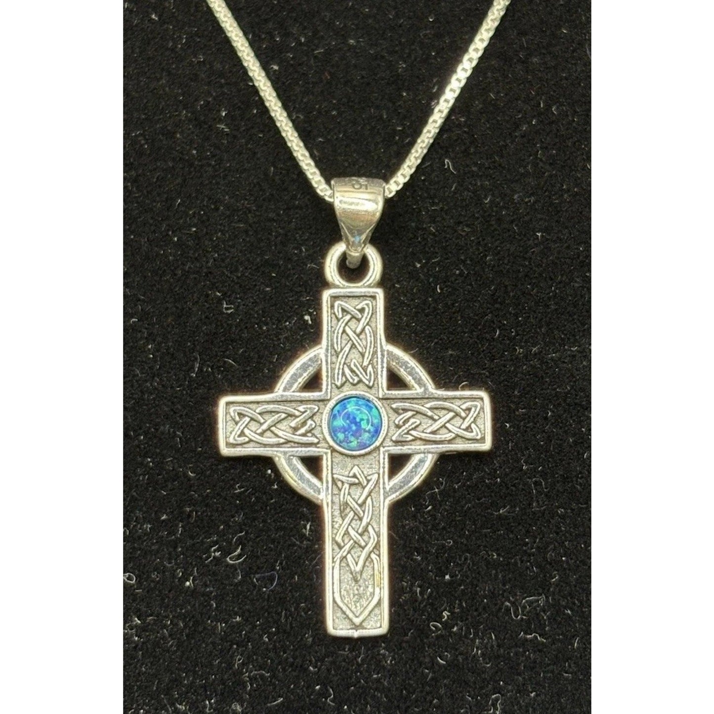 New Condition 18" Sterling Silver Lab Blue Opal Celtic Cross Necklace