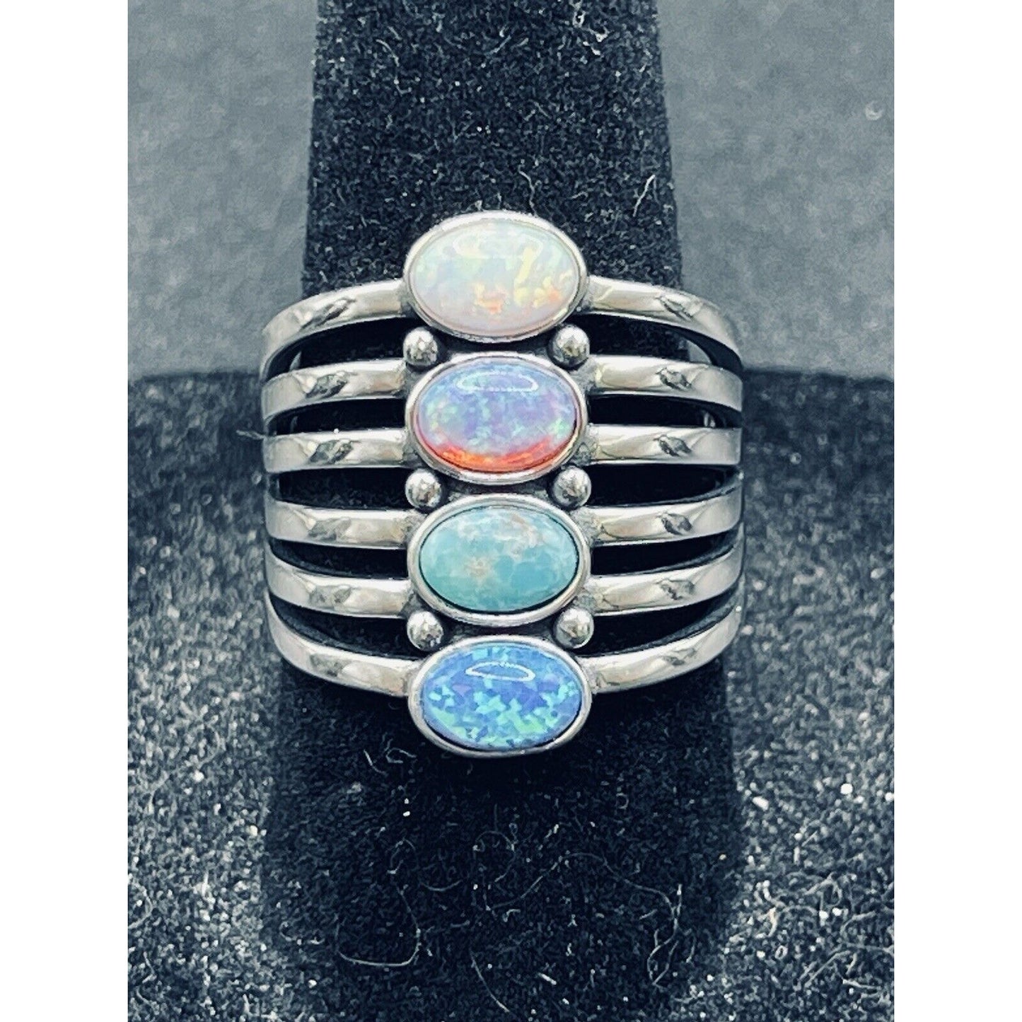 New Condition Sterling Silver Multi Color Lab Opal Ring Size 6.75