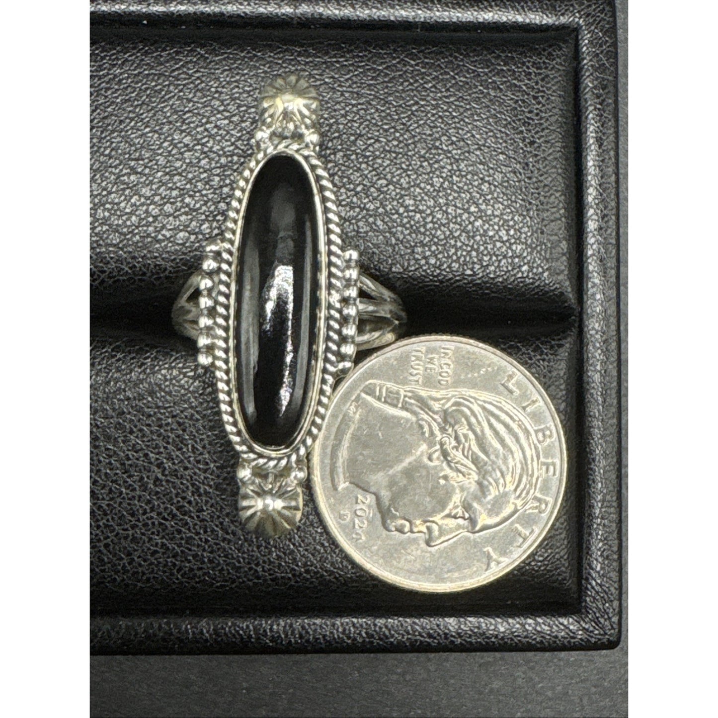 Sterling Silver Onyx Long Ring 925 Size 10.25 T29
