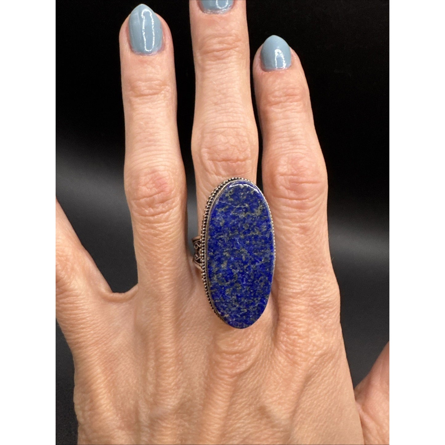 Sterling Silver Lapis Long Ring 15g 28x35mm 925 Size 7.5 T9