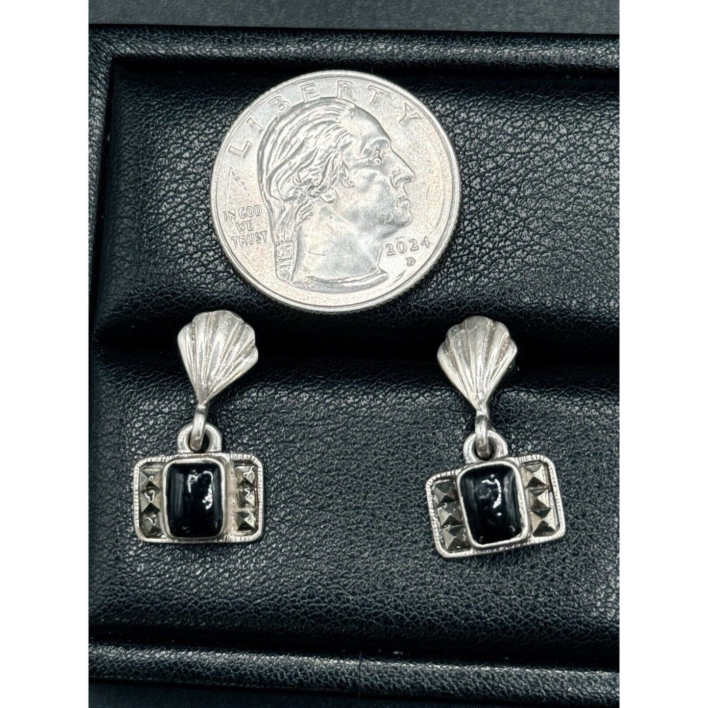 Vintage Sterling Silver Onyx Marcasite Art Deco Dangle Earrings M8