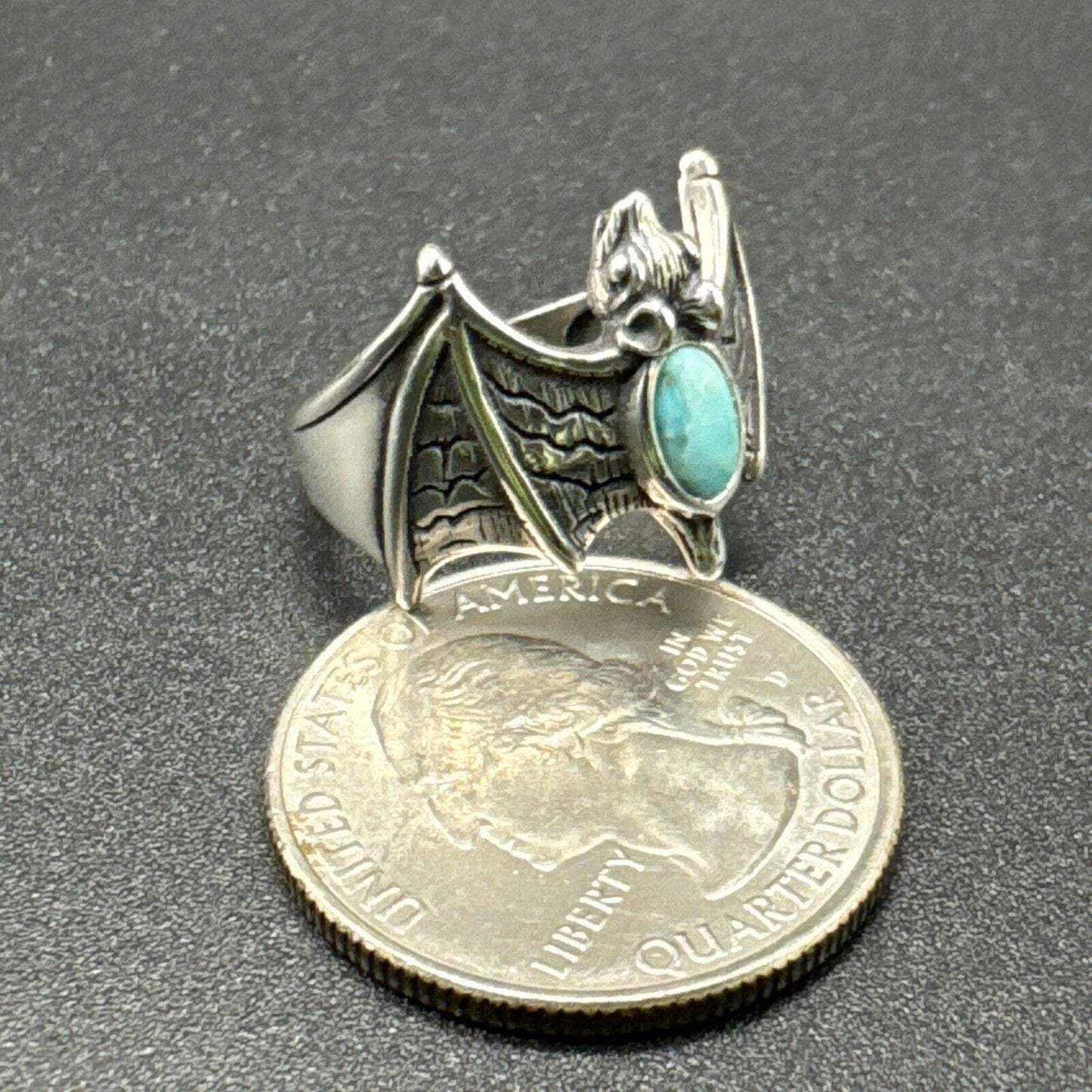 New Condition Sterling Silver Turquoise Bat Ring 925 Size 6.75