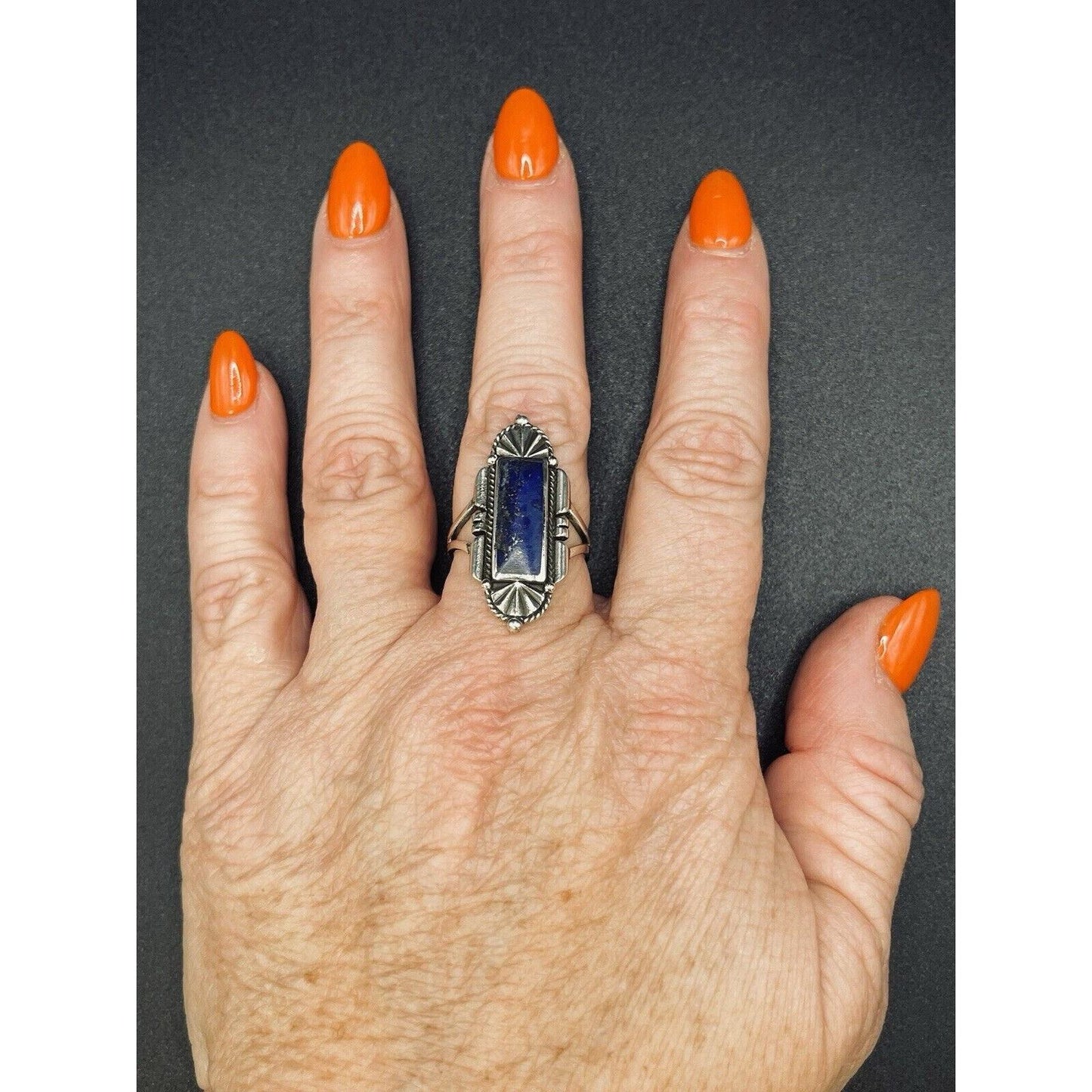 New Condition Sterling Silver Art Deco Lapis Ring Size 8.5