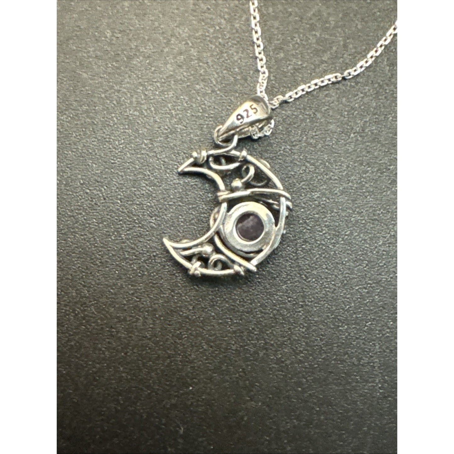 18” New Condition Sterling Silver Amethyst Crescent Moon Pendant Necklace