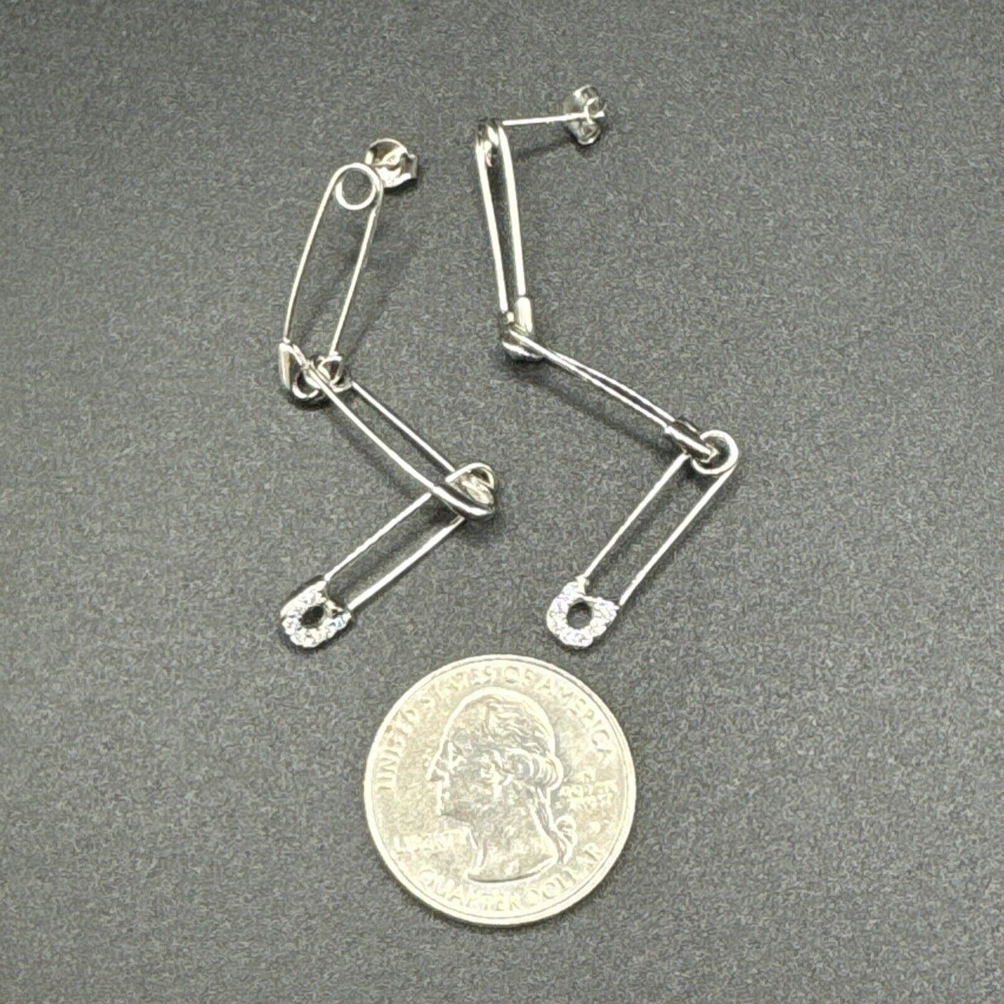 New Condition Sterling Silver CZ Safety Pin Dangle Earrings 2.5” 925