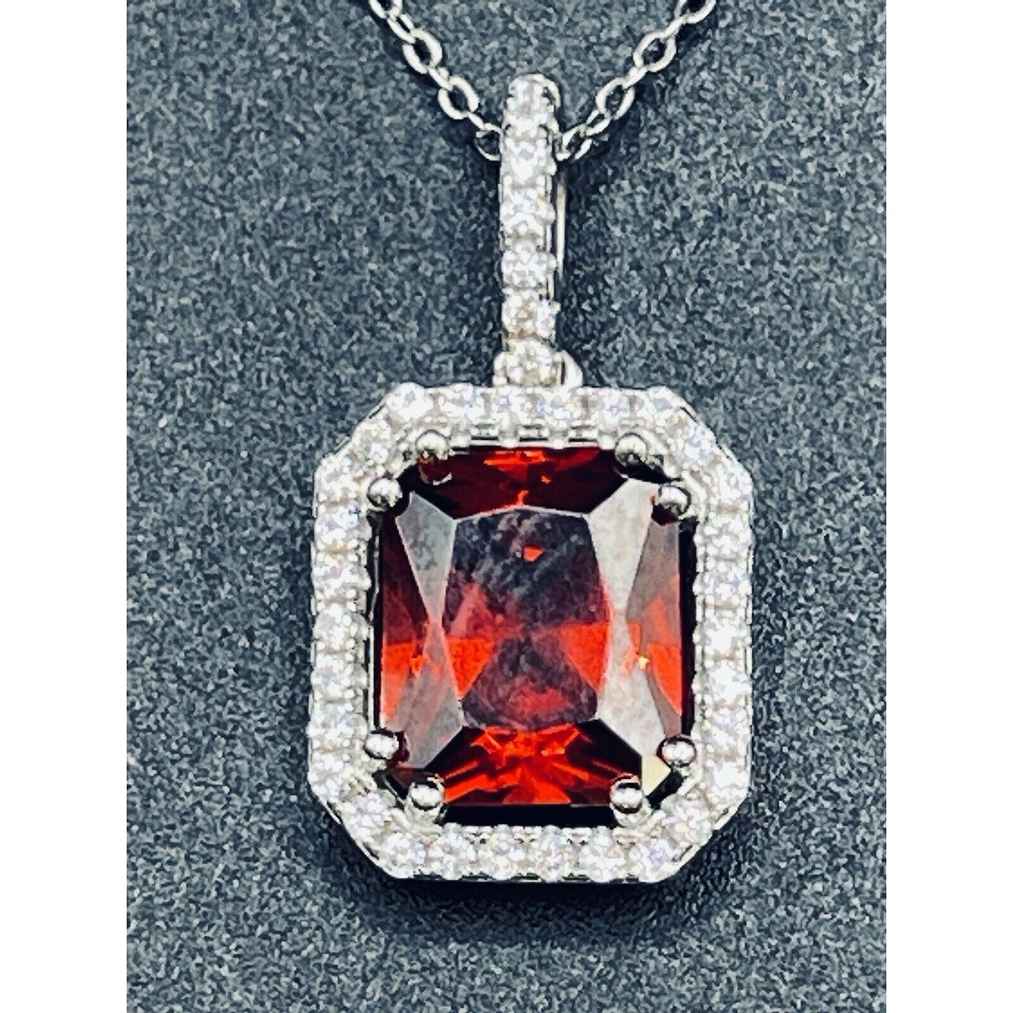 18” Sterling Silver Red Cubic Zirconia Halo Pendant Necklace Extender L13