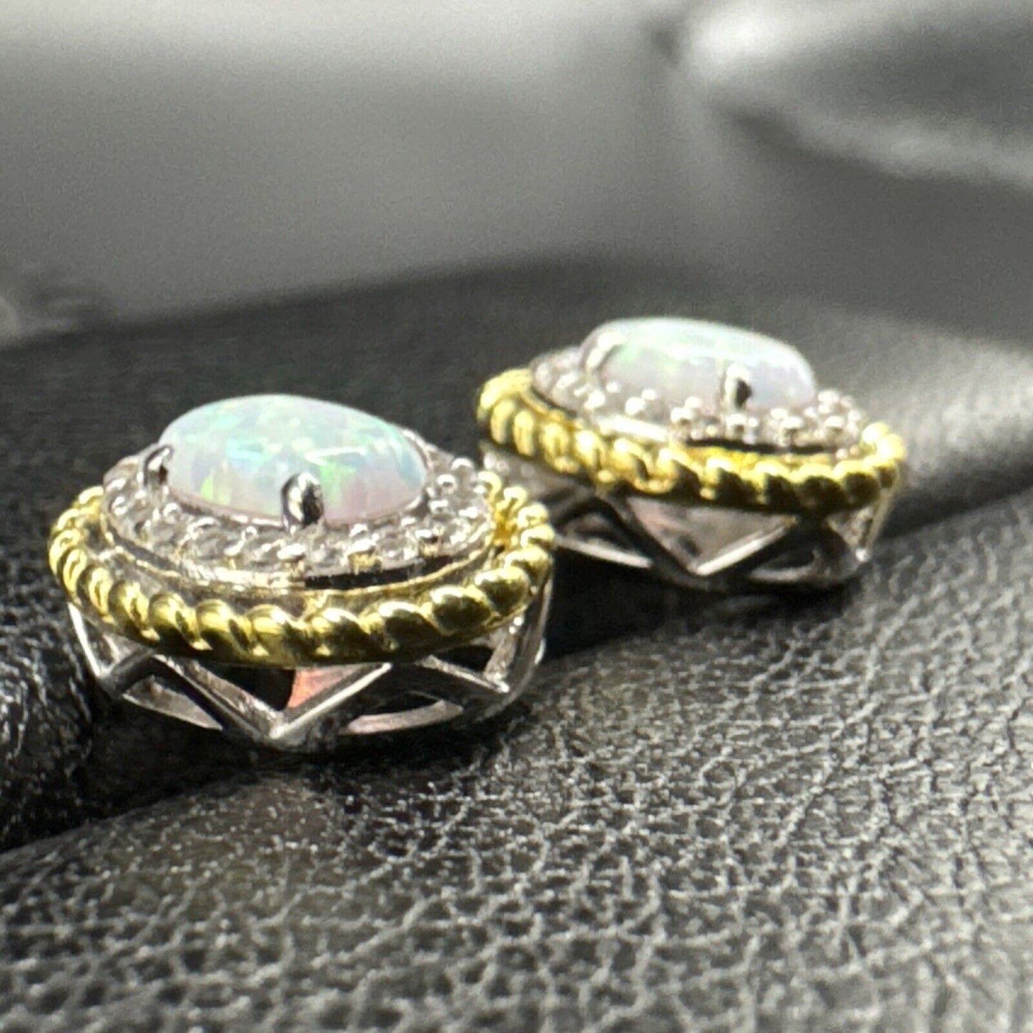 New Condition Sterling Silver 14k Gold Plated Lab Opal Earrings 925