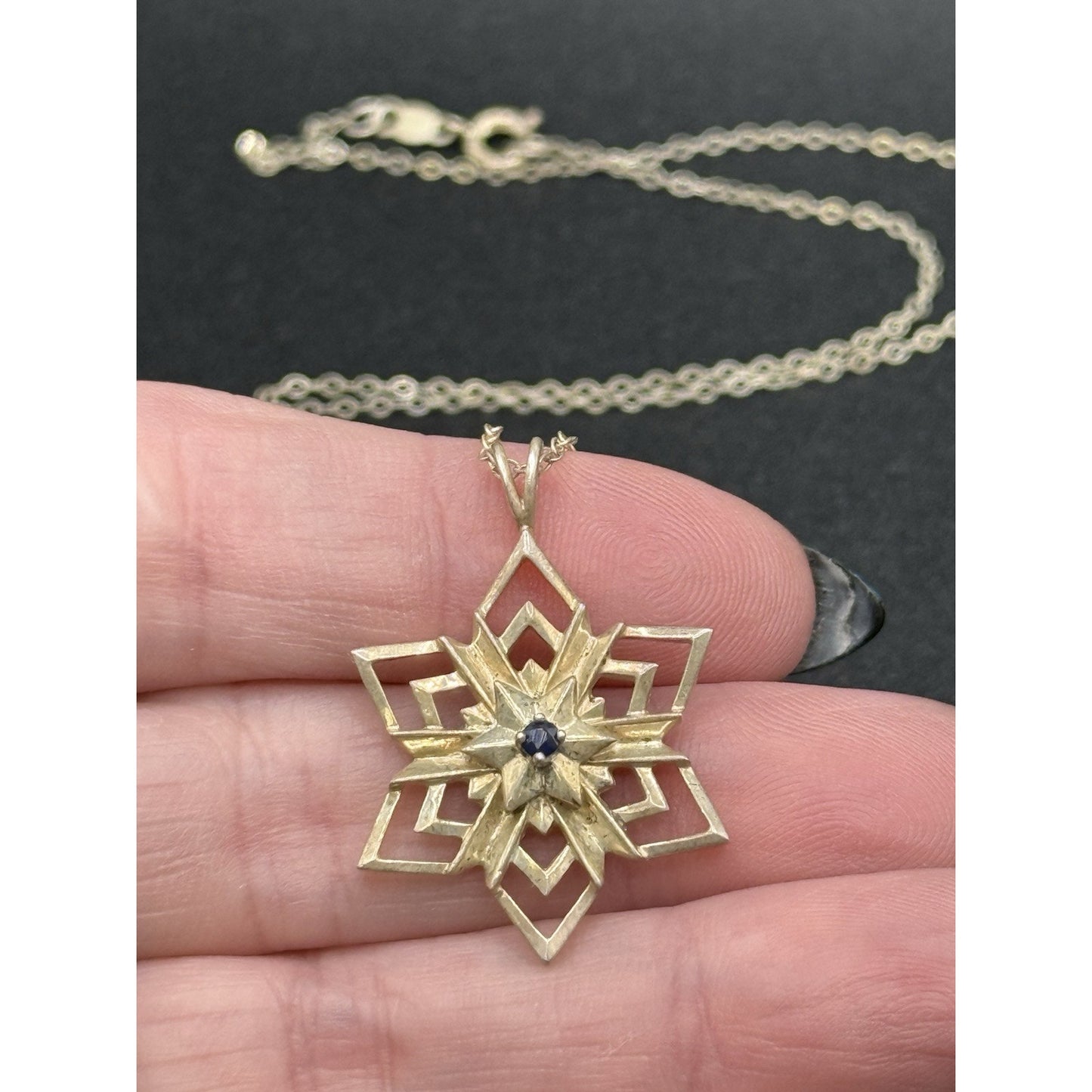 1984 Sterling Silver Franklin Mint Sapphire Snowflake Pendant Necklace P3