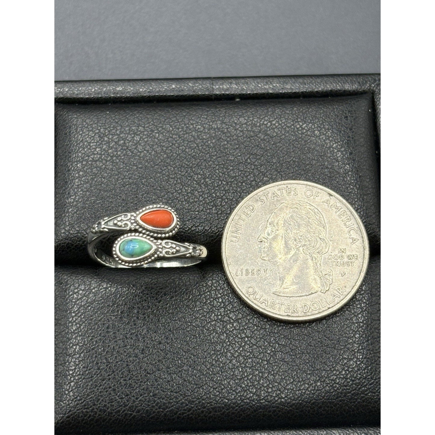 New Condition Sterling Silver Turquoise Coral Bypass Ring Size 7