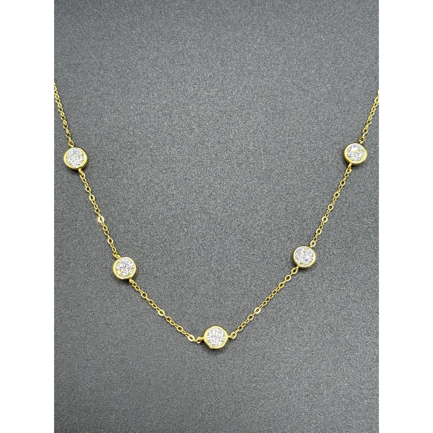 New Condition 18” Gold Sterling Silver Moissanite Station Necklace GRA