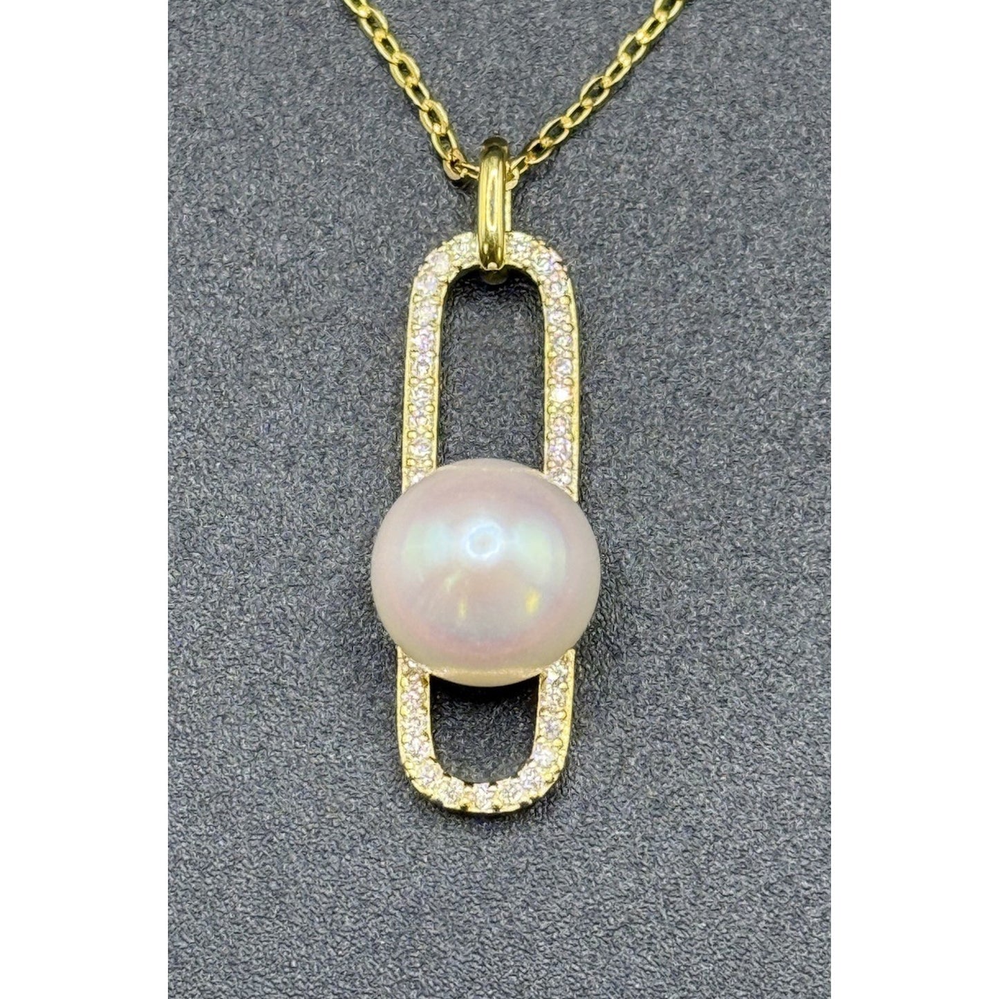 18” New Condition Gold S.S. Genuine Pearl Moissanite Modernist Pendant GRA