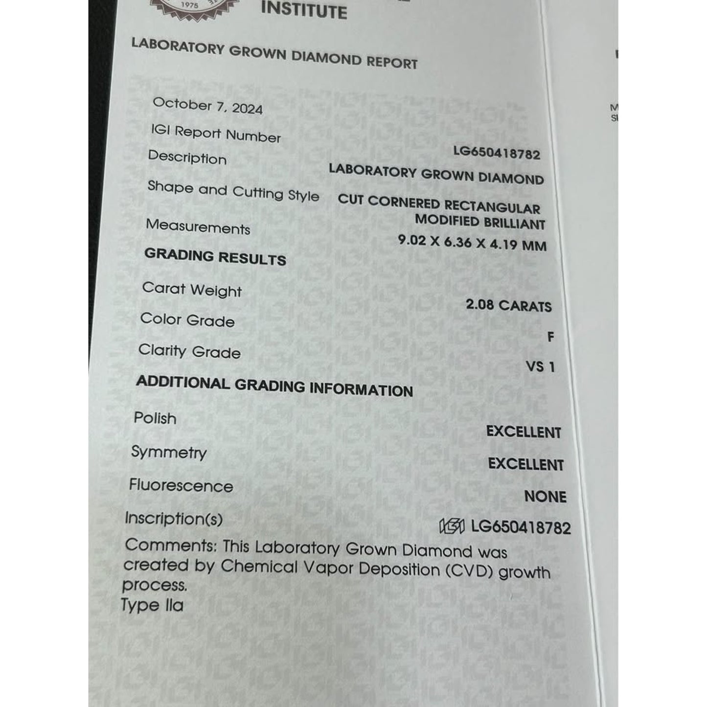 Loose 2.08 carat Lab Grown Diamond Radiant Cut F Color VS1 clarity IGI