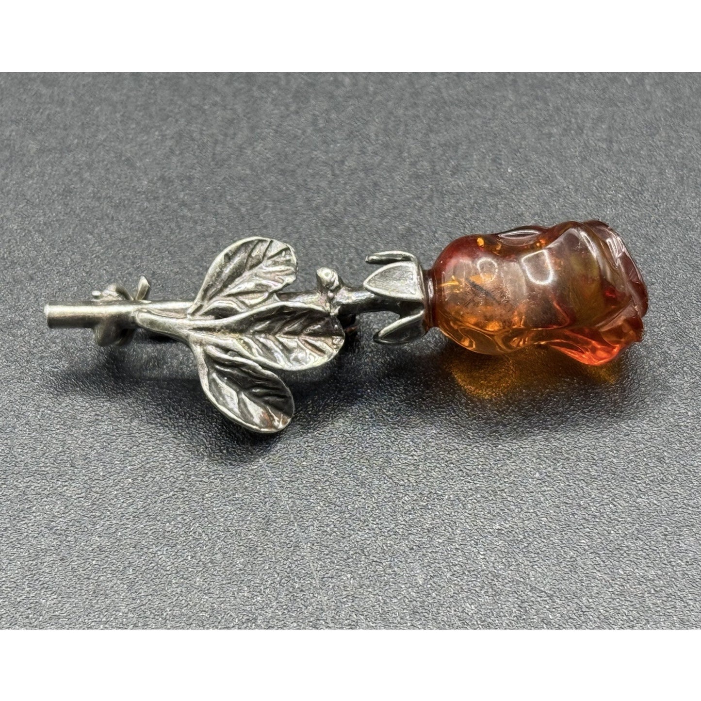 Vintage Sterling Silver Carved Amber Flower Brooch Pin P5