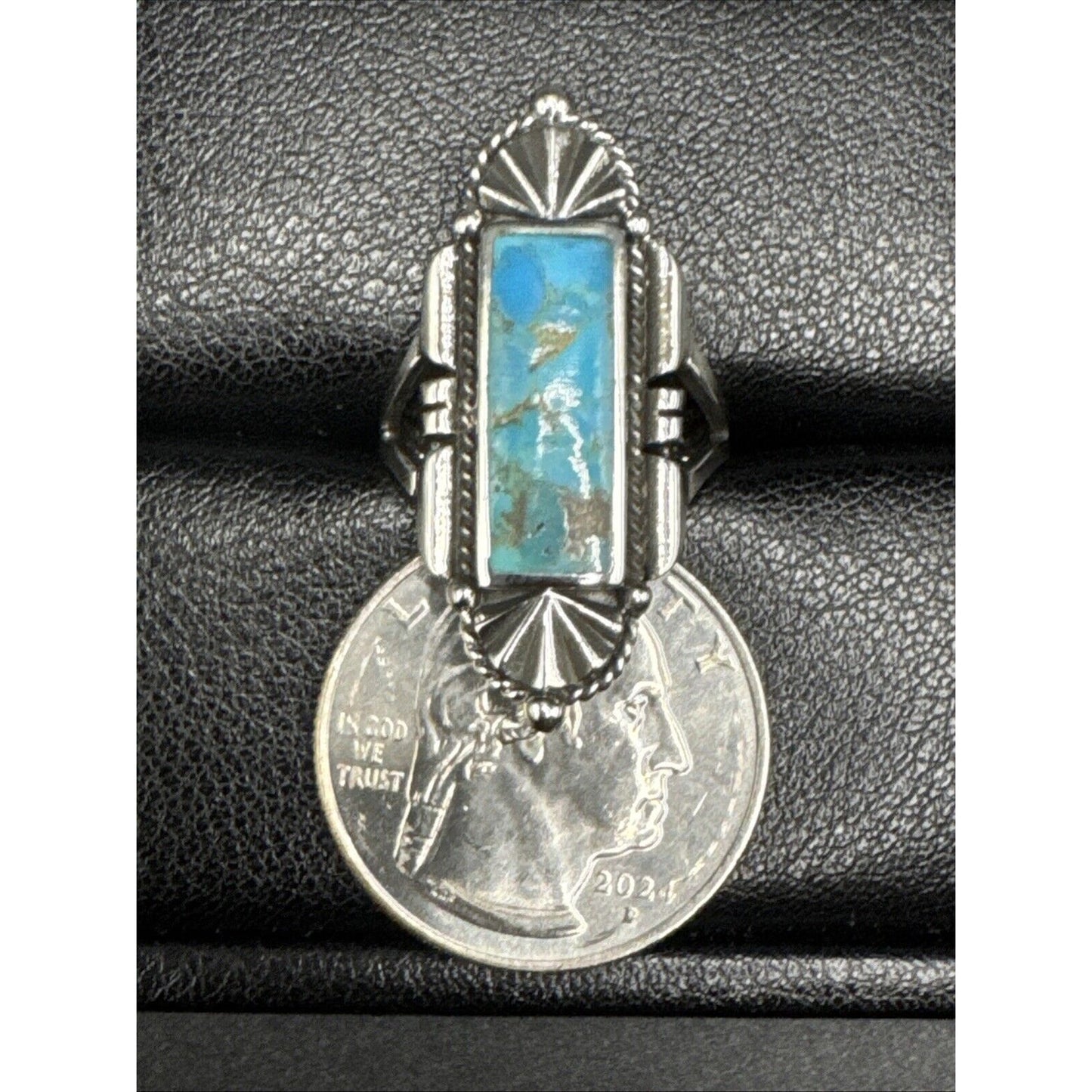 New Condition Sterling Silver Turquoise Art Deco Ring 925 Size 7
