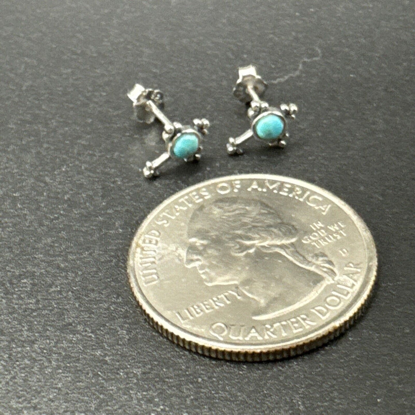 New Condition Sterling Silver Dainty Turquoise Cross Earrings 925