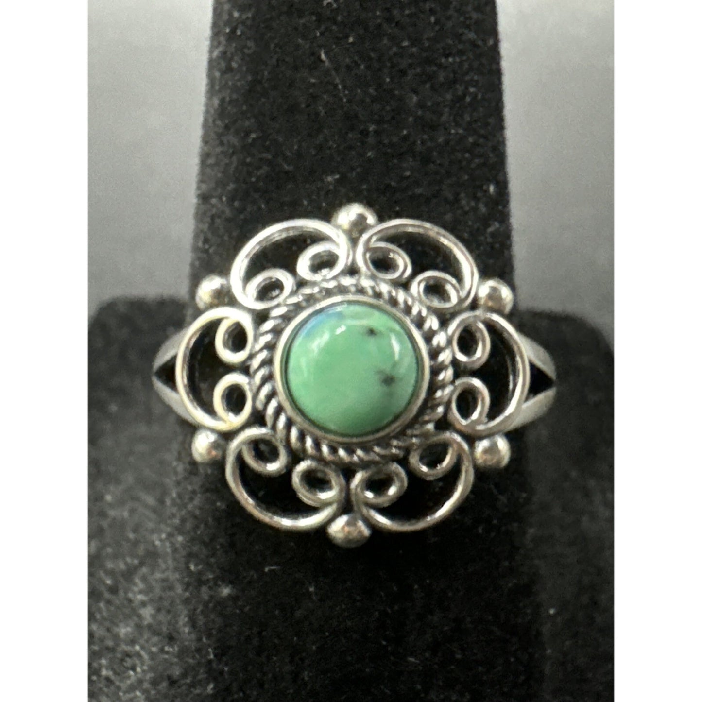 New Condition Sterling Silver Turquoise Stylized Scroll Flower Ring 925 Size 7