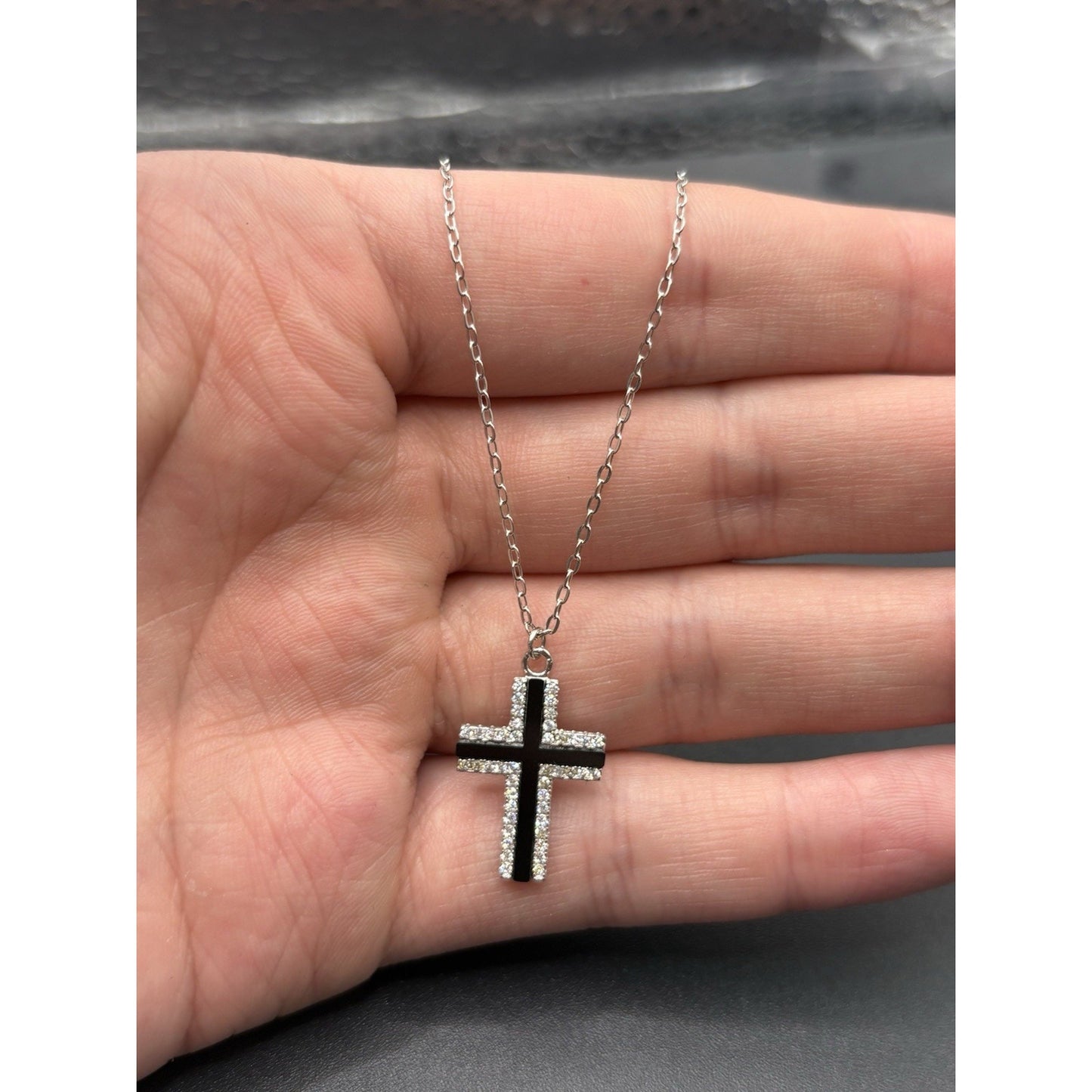 New Condition 18" Onyx Cubic Zirconia Cross Pendant Necklace