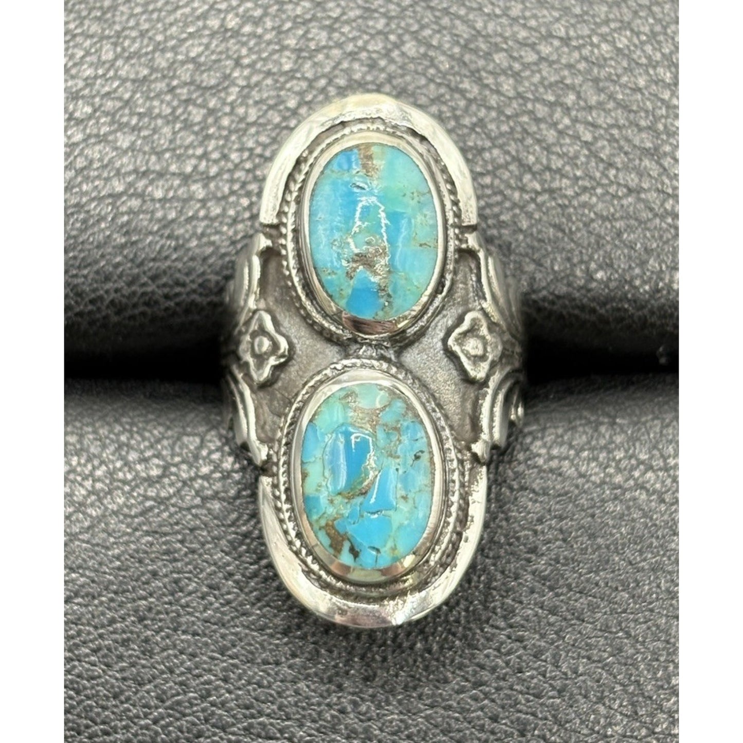 New Condition Sterling Silver Double Turquoise Long Ring Size 6
