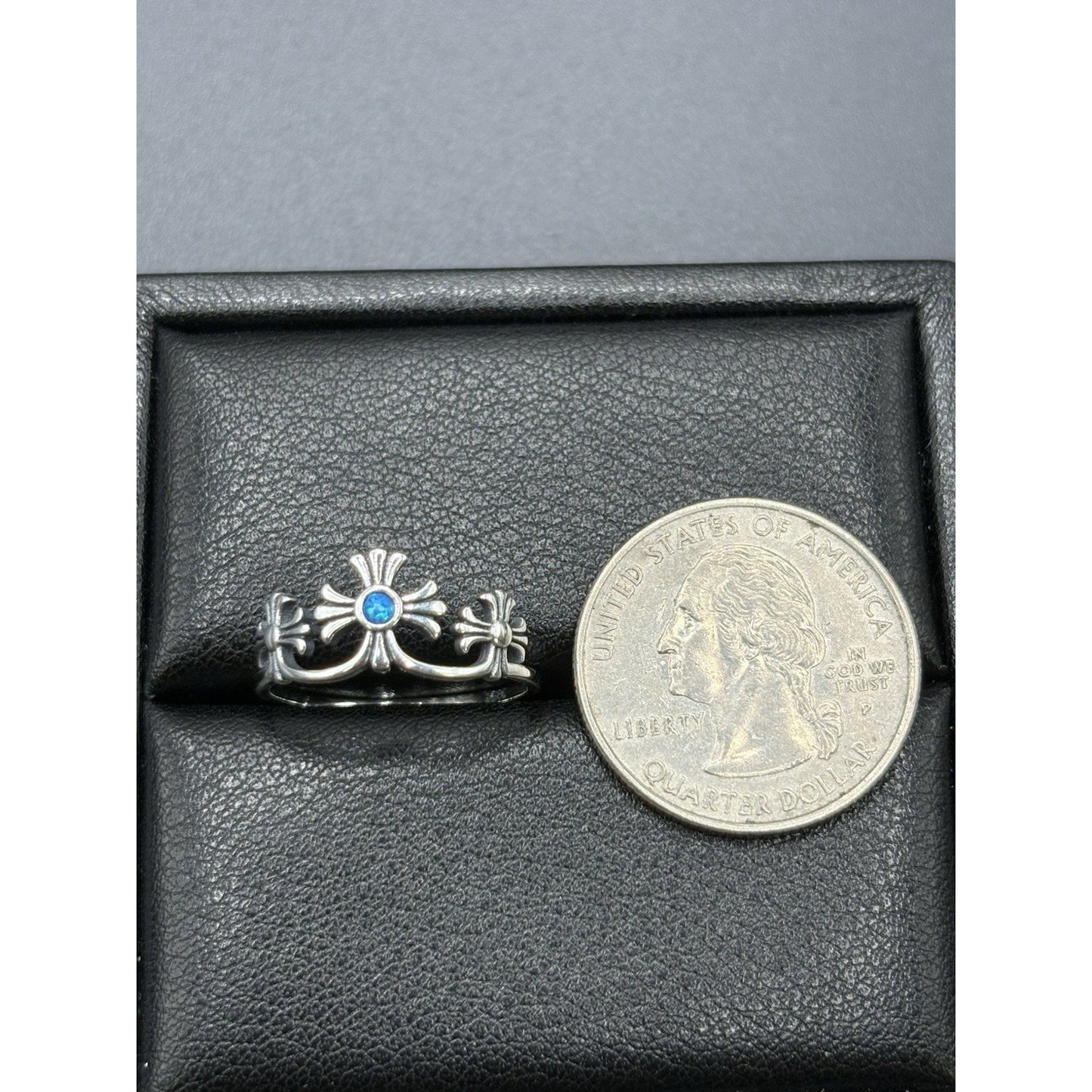 New Condition Sterling Silver Lab Blue Opal Crosses Ring Size 7
