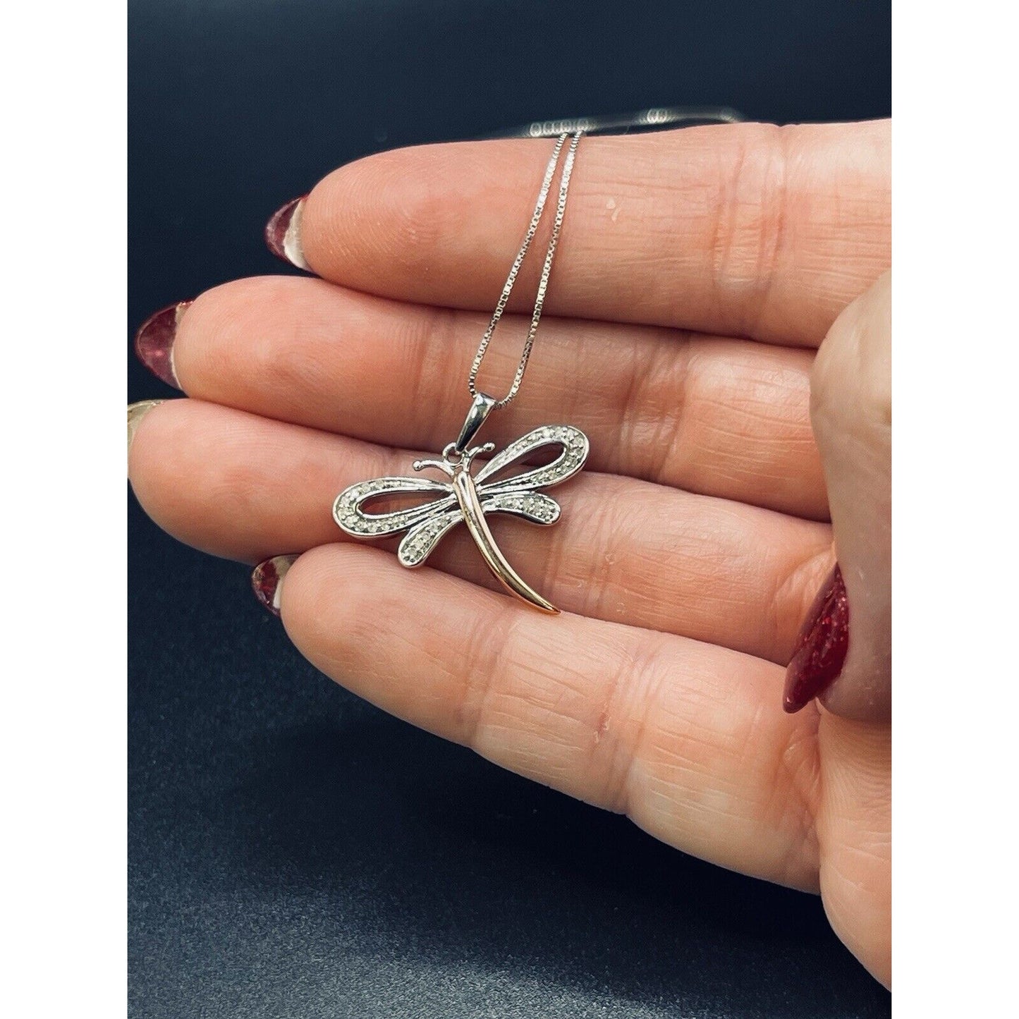 18” New Condition Sterling Silver Rose Accent Genuine 1/10th Diamond Dragonfly