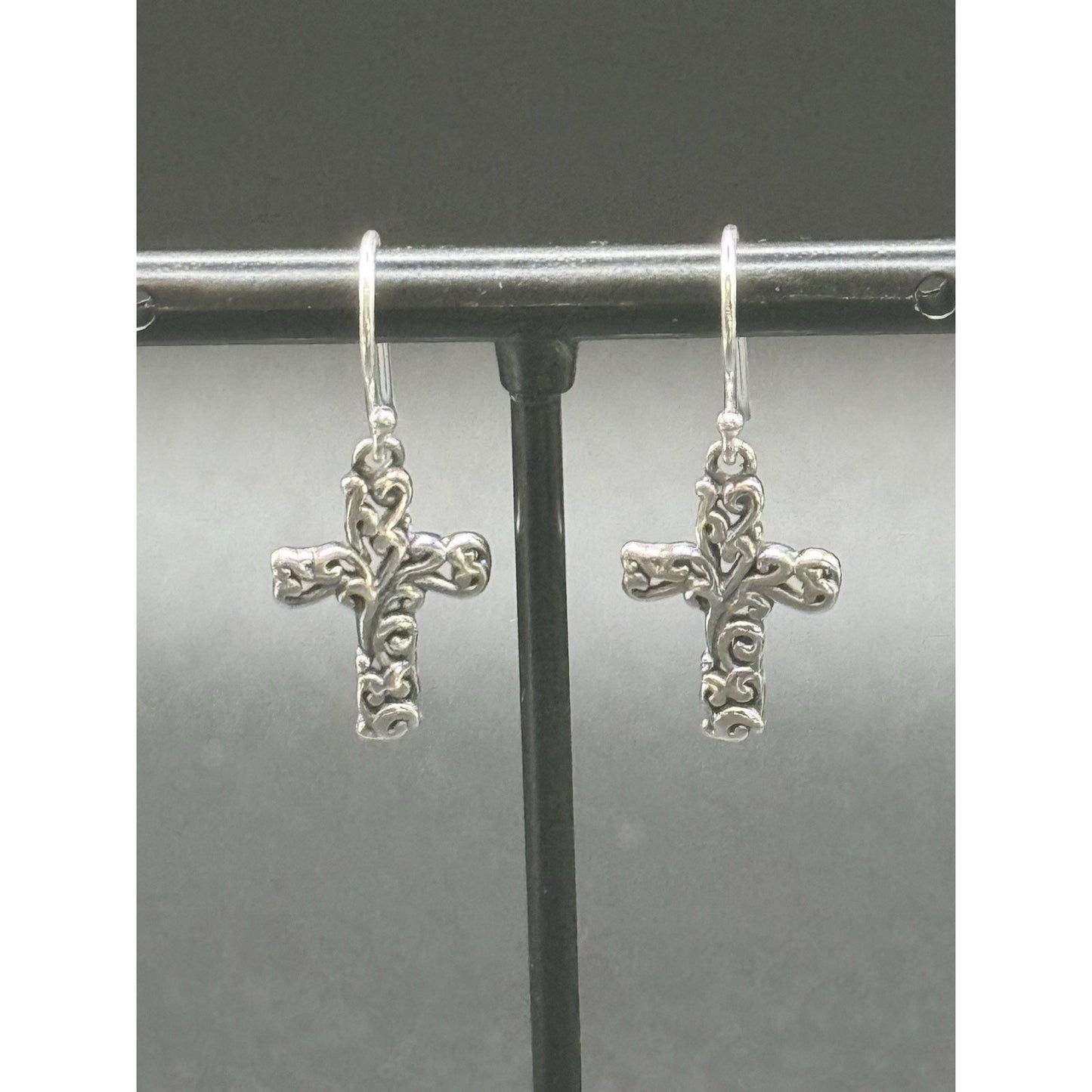 New Condition Sterling Silver Scroll Cross Dangle Earrings 925