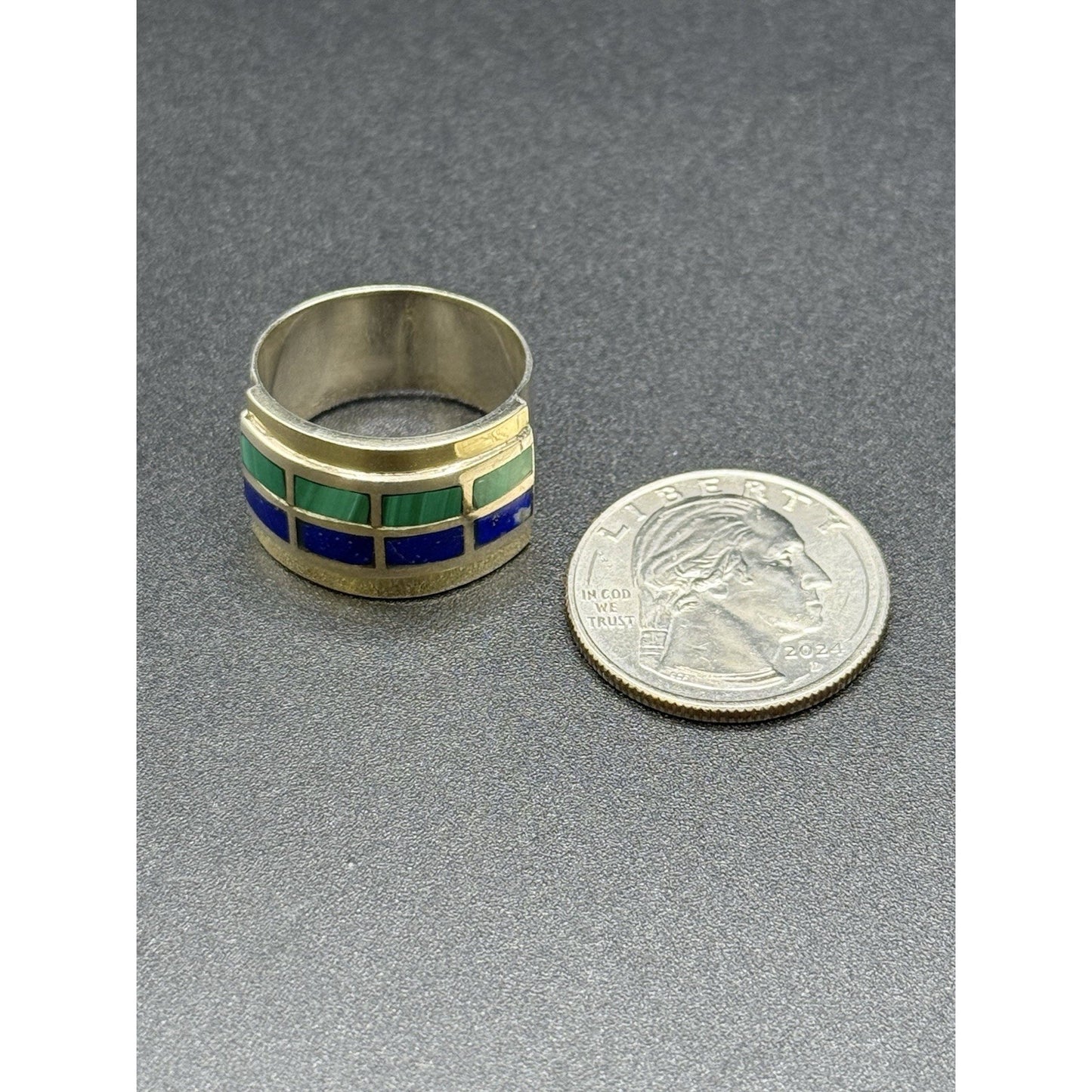 Vintage Two Tone Malachite Lapis Band Ring Size 9.50 Tested Q2