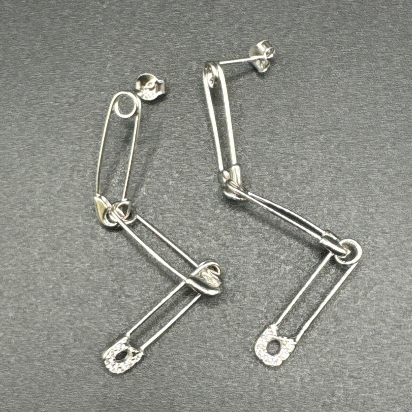 New Condition Sterling Silver CZ Safety Pin Dangle Earrings 2.5” 925