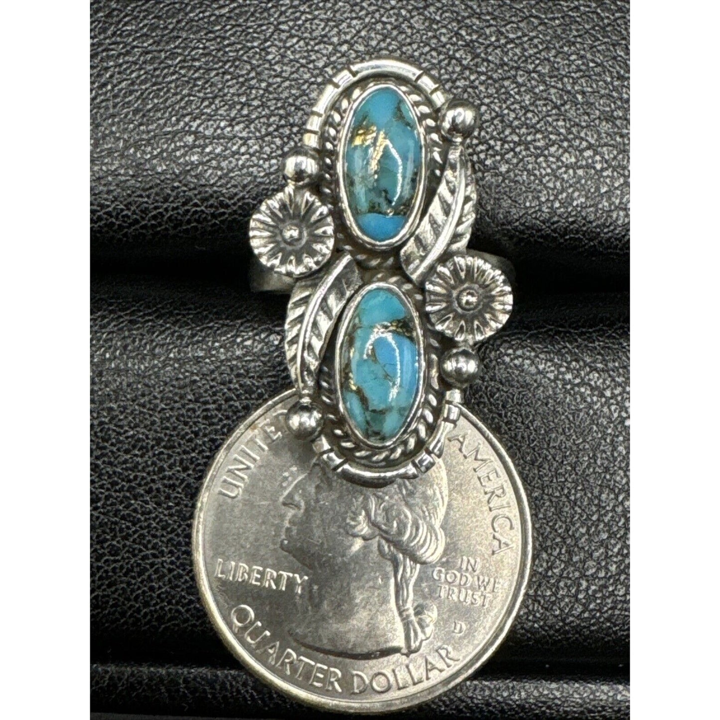 New Condition Sterling Silver Double Copper Turquoise Ring 925 Size 7