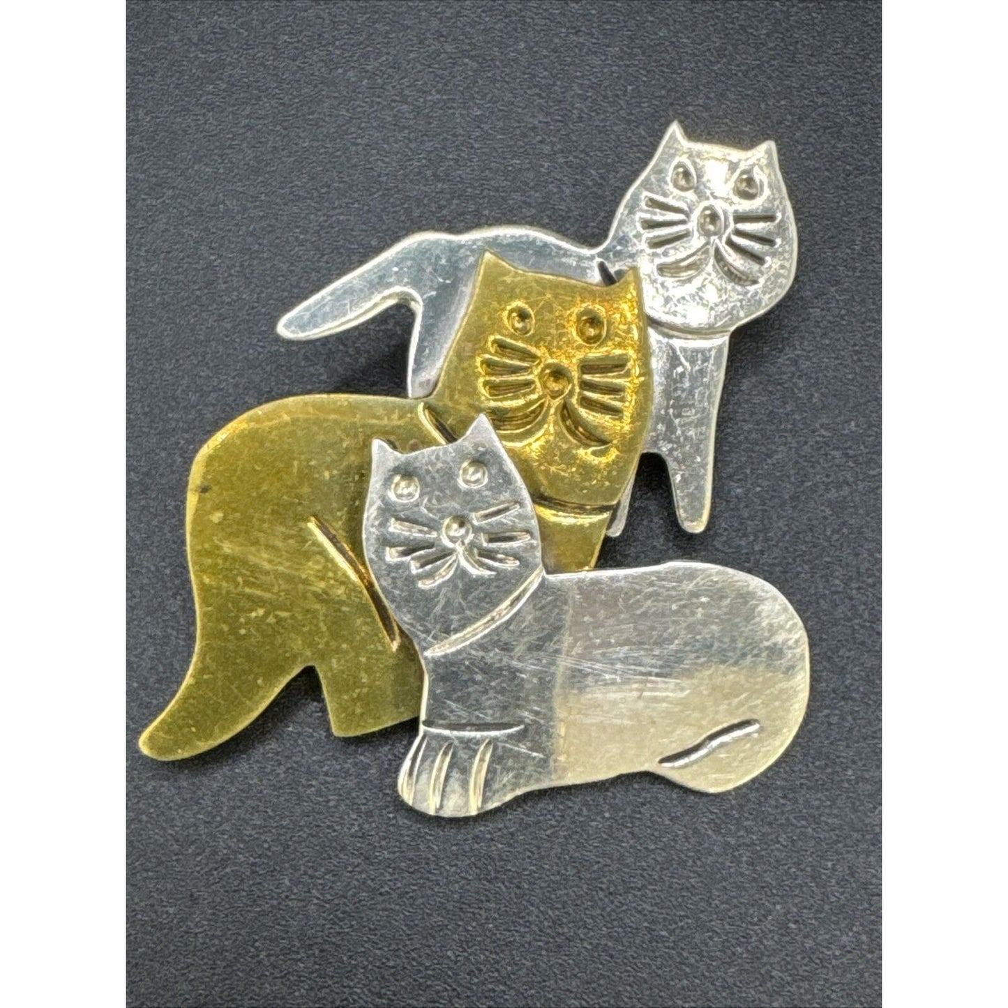 Three Cats Sterling Silver Brass Brooch Pin 13 Grams K29