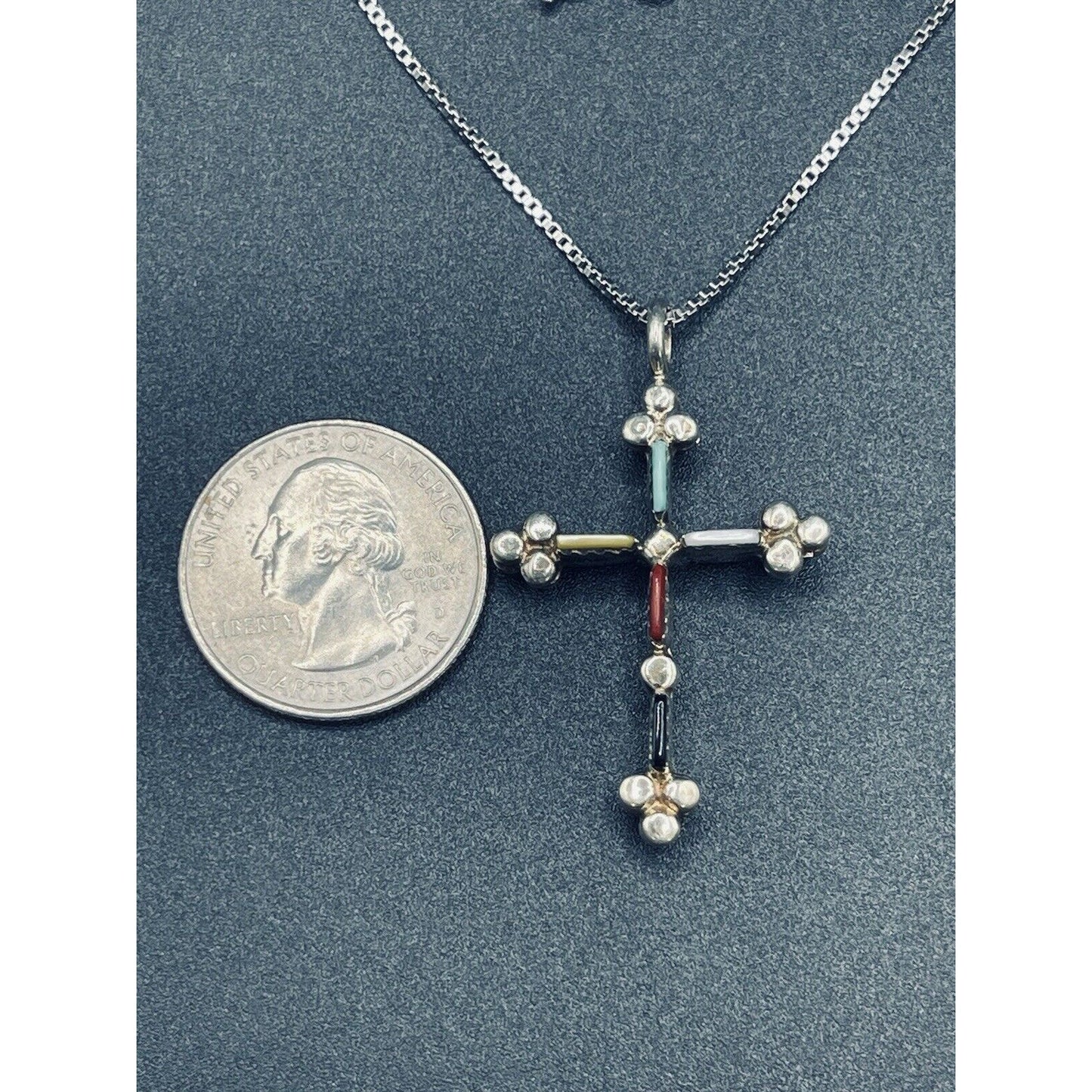 24” Vintage Multi sterling silver Gemstone Cross Pendant Necklace K12