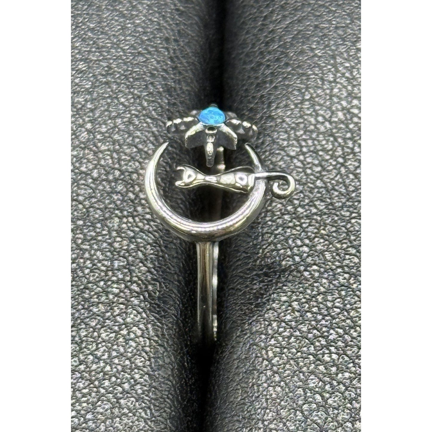 New Condition Sterling Silver Cat On Moon Star Lab Blue Opal Ring Size 7 Adjust