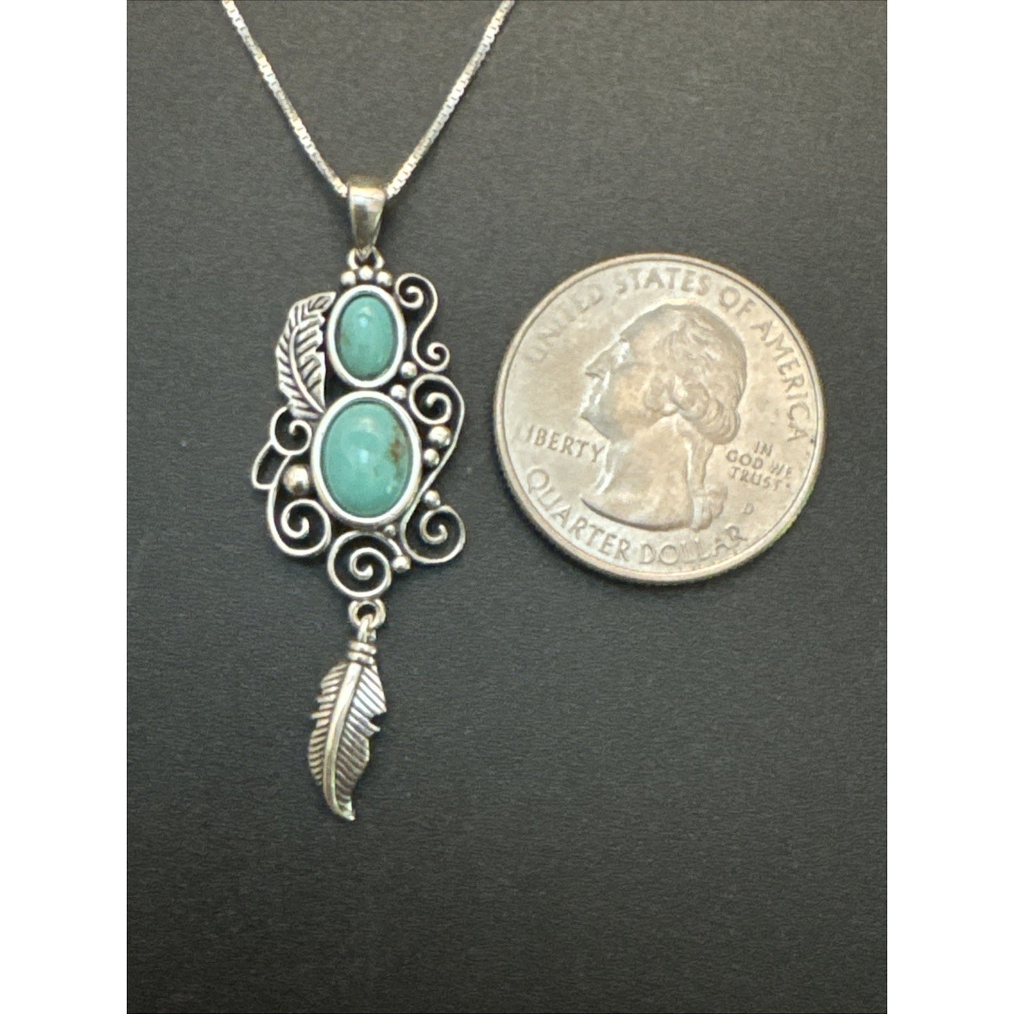 18” New Condition Sterling Silver Genuine Turquoise Feather Pendant Necklace